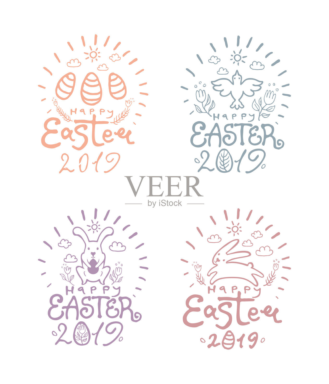 2019年复活节快乐。矢量一套四个贴纸与两个跳跃的复活节兔子，艺术字母和花卉装饰。插画图片素材