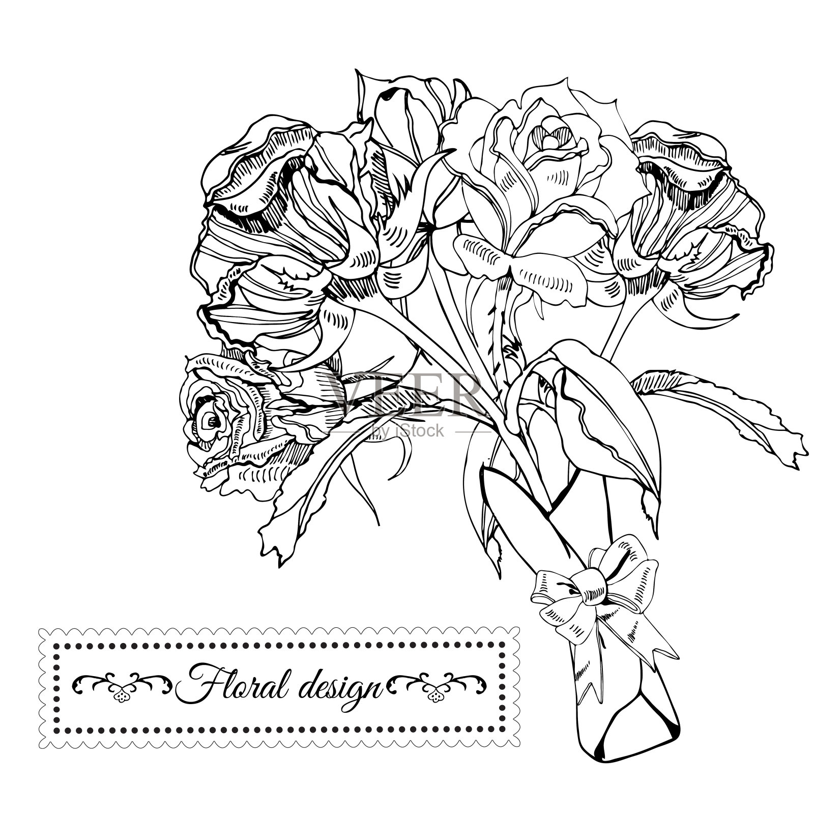 鲜花盛开的单色玫瑰的邀请或贺卡模板。手绘水墨画在白色背景上。插画图片素材