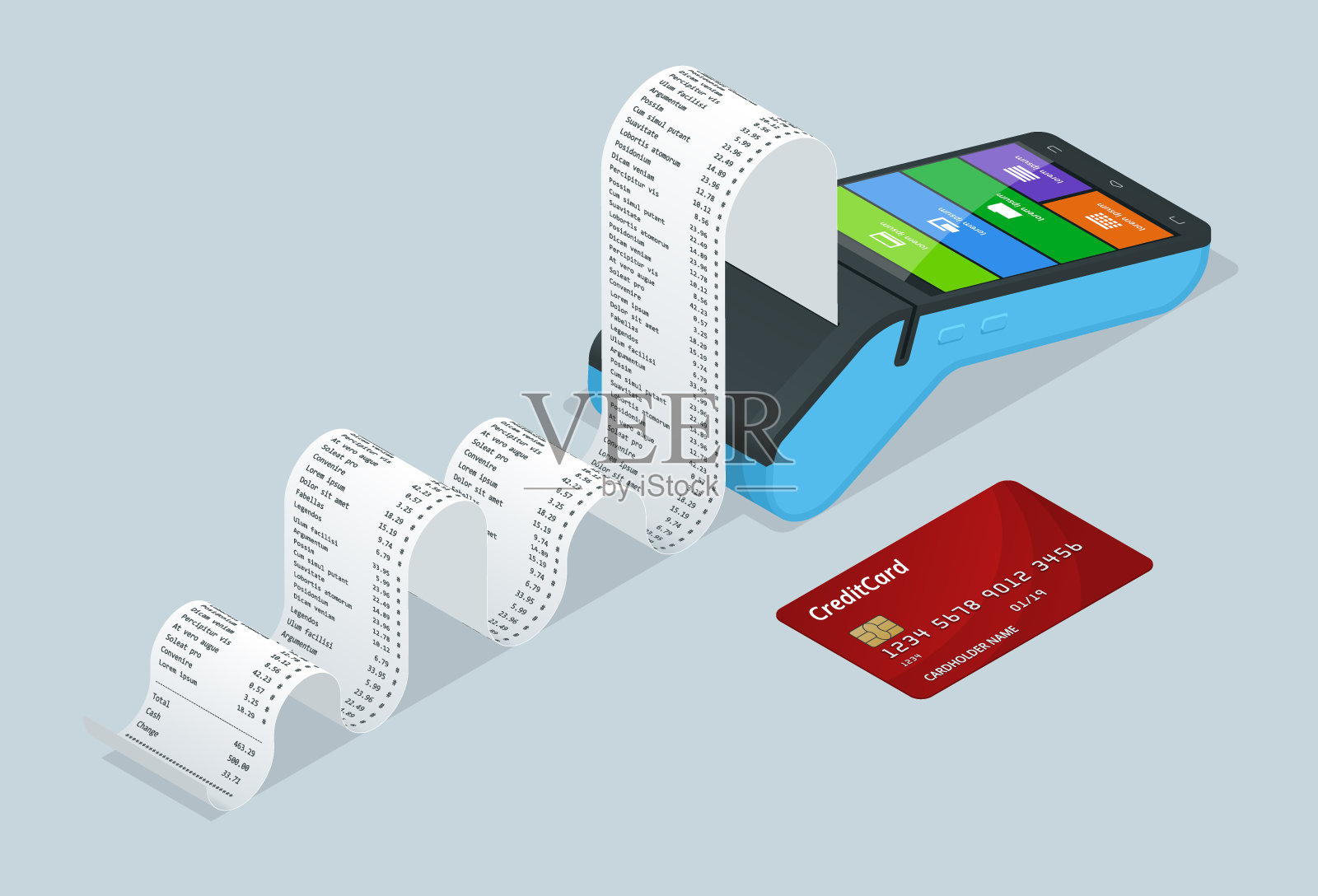 矢量支付机和信用卡。POS终端通过借记卡、发票等方式确认付款。矢量插图在平面设计。NFC支付的概念。等距NFC支付概念插画图片素材