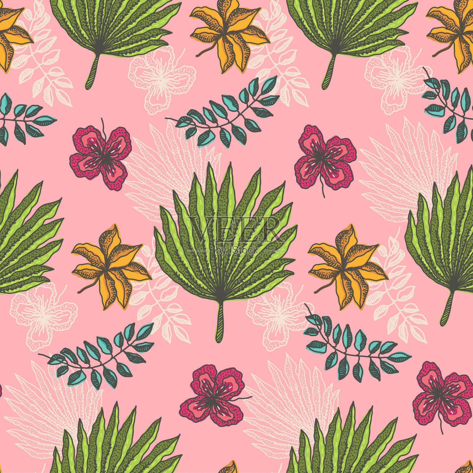 明亮的花纹，热带叶，浅粉红色插画图片素材