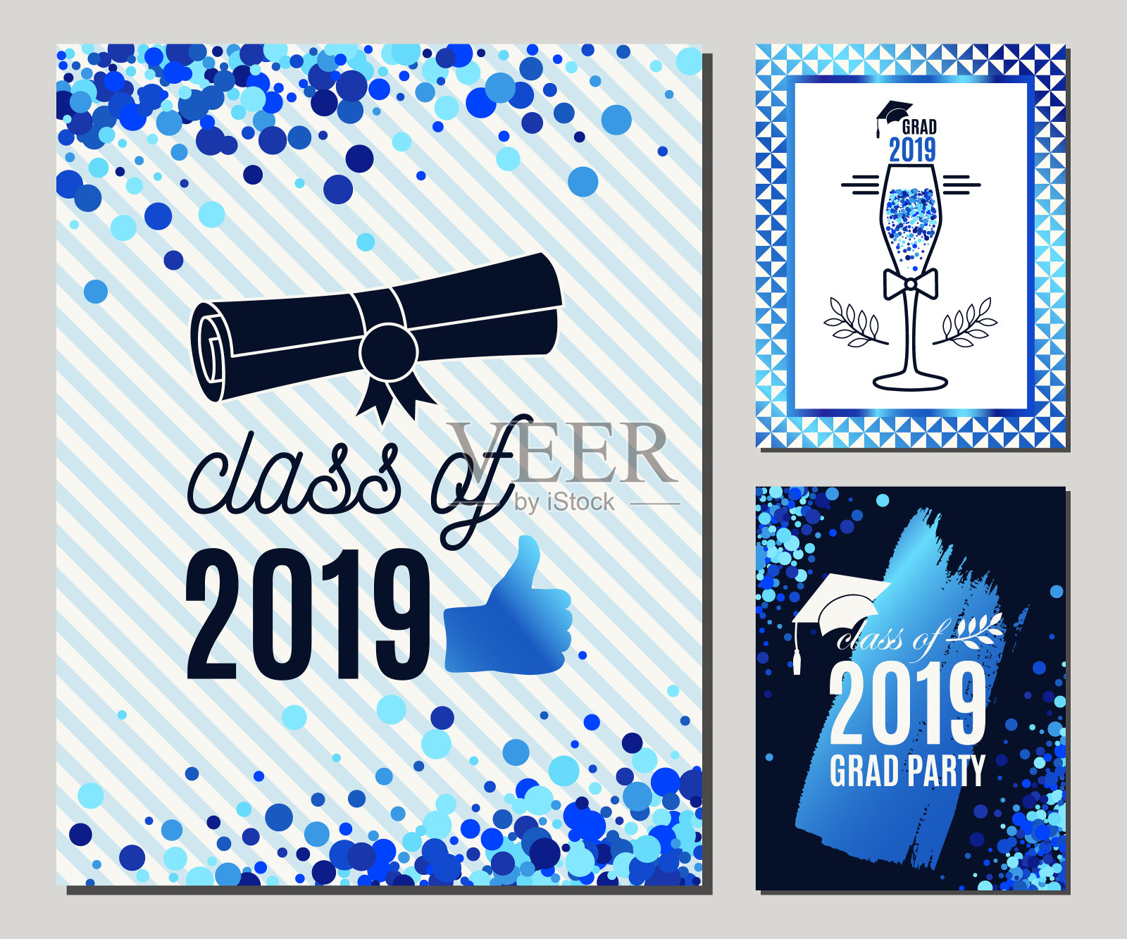 毕业2019年贺卡设置在蓝色。三份矢量毕业生派对邀请函。Grad级海报。都是隔离和分层的插画图片素材