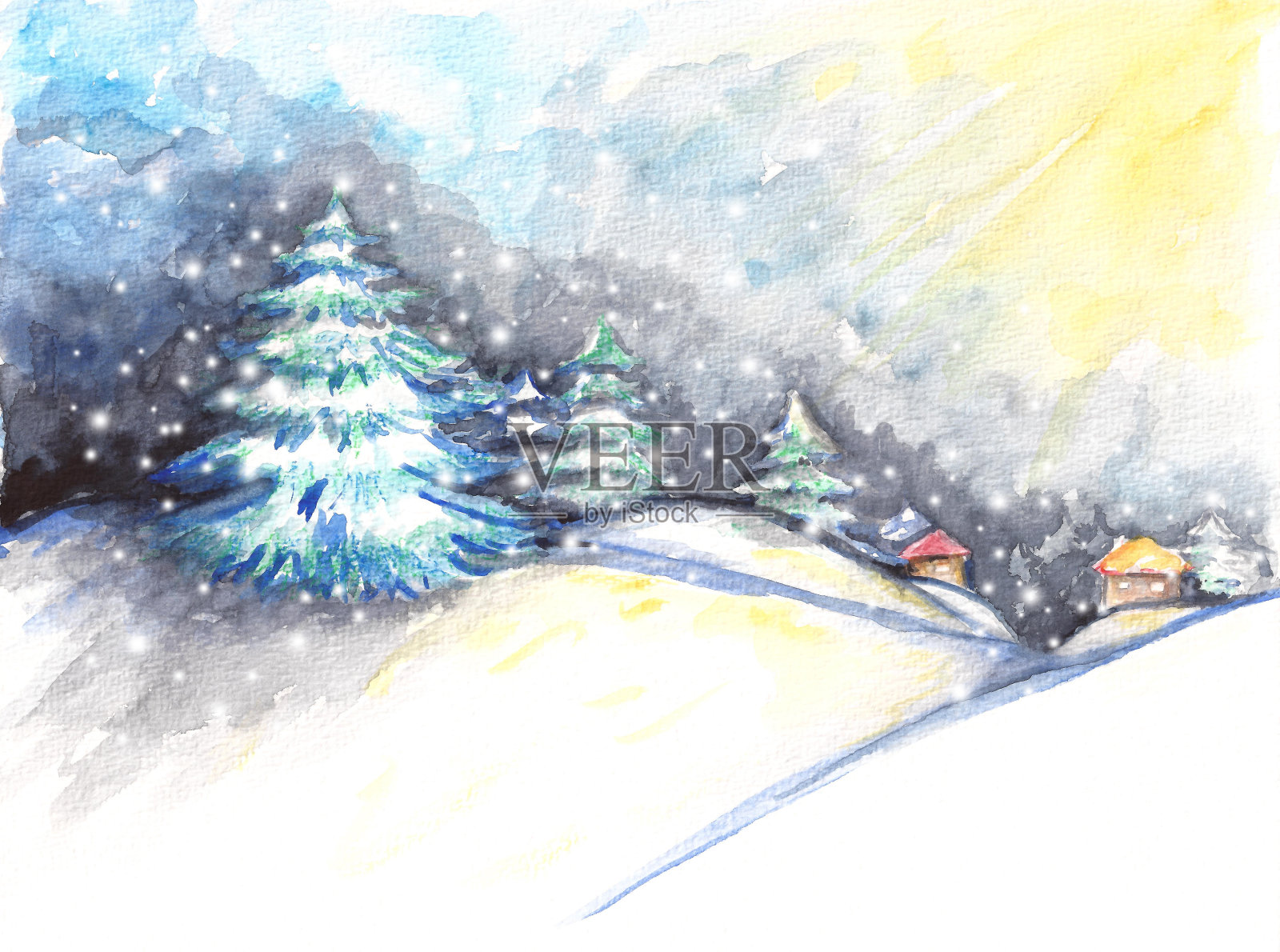水彩画下的村庄冬天的风景雪插画图片素材