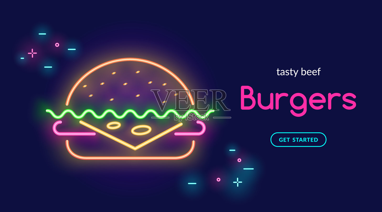 美味的牛肉汉堡与奶酪符号霓虹灯风格在黑暗的背景。亮矢量霓虹插图设计模板素材