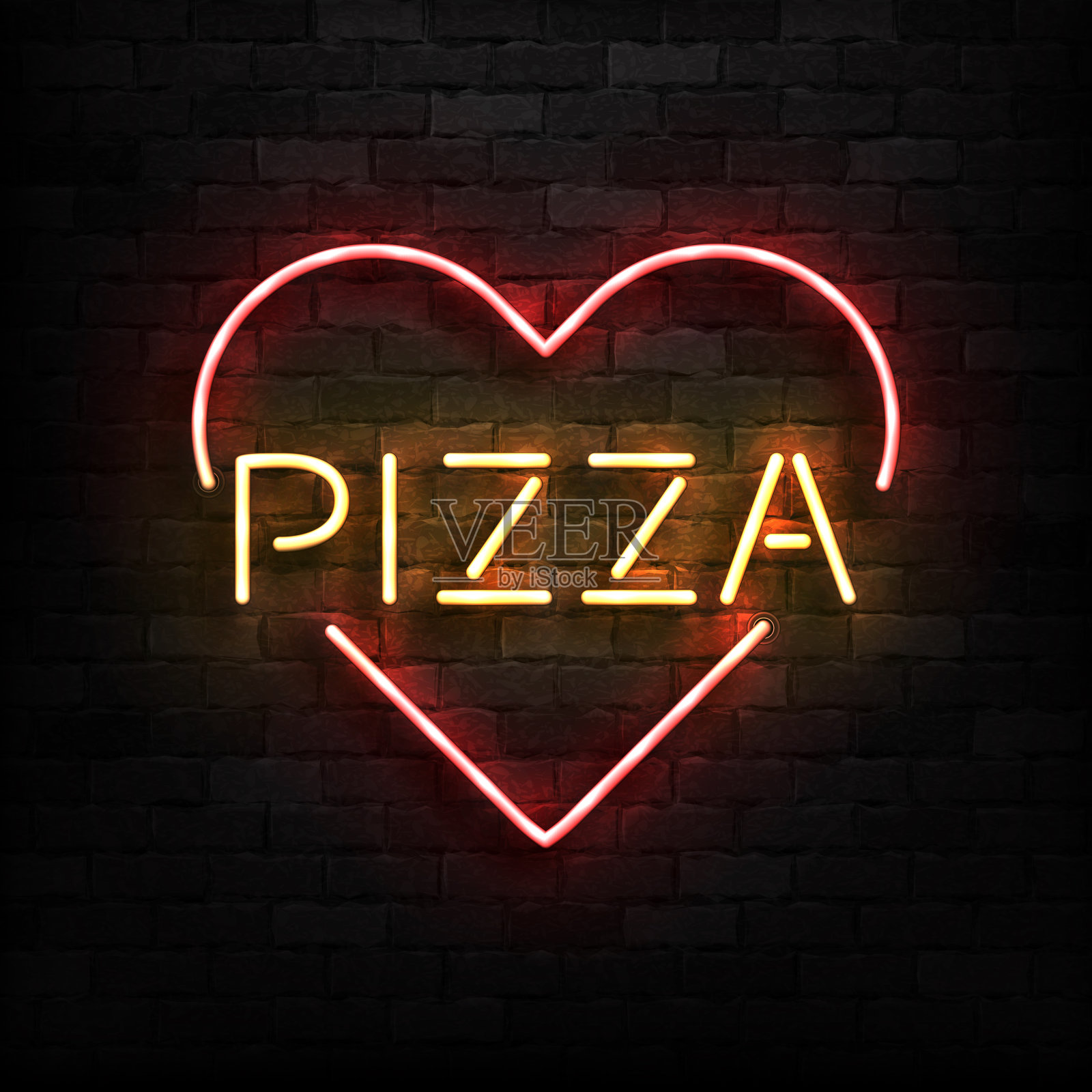 矢量现实隔离霓虹标志的披萨符号与心形模板装饰和覆盖在墙壁背景。餐厅、咖啡馆和意大利菜的概念。插画图片素材