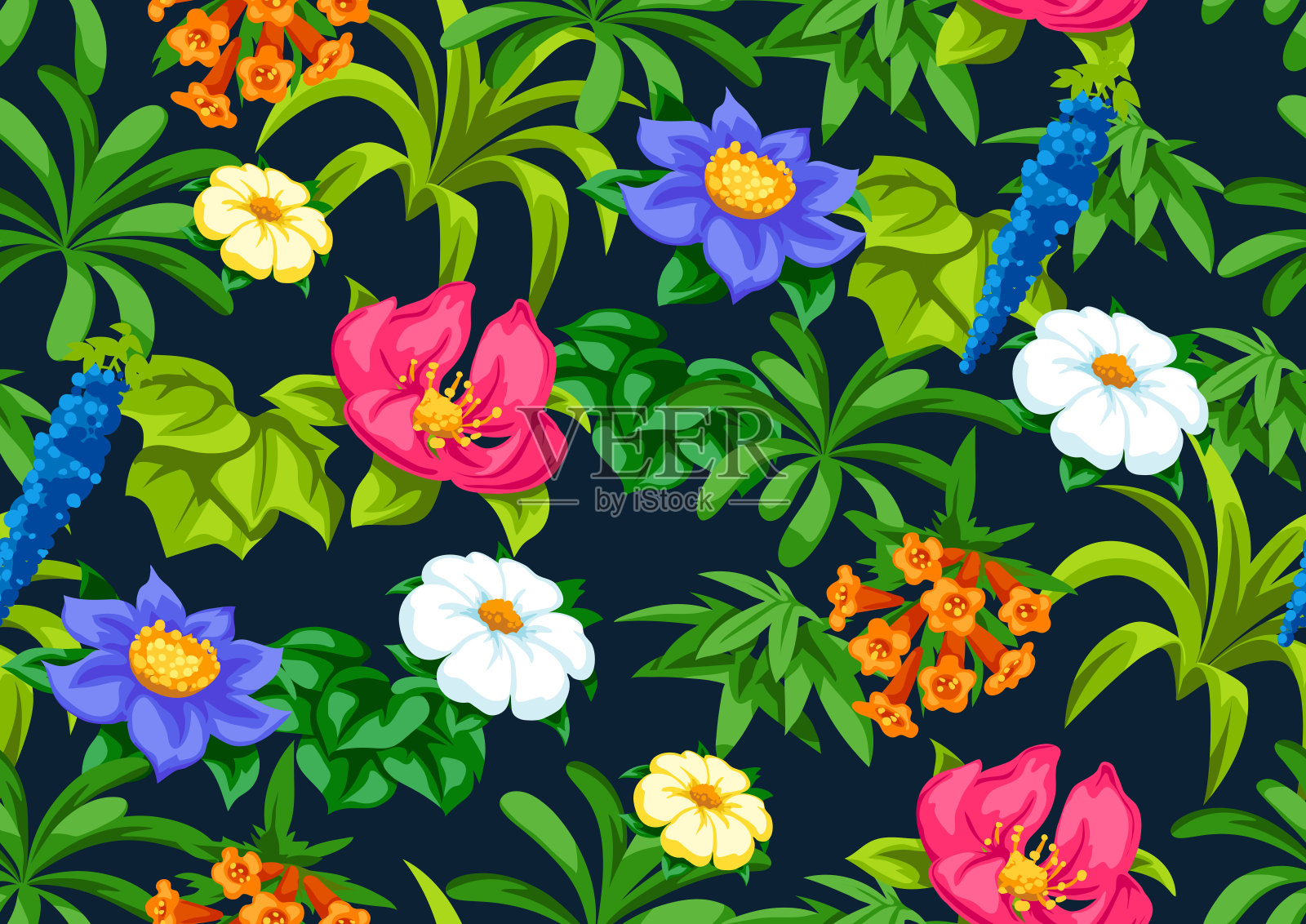 无缝模式与热带花卉。奇异的热带植物。插画图片素材