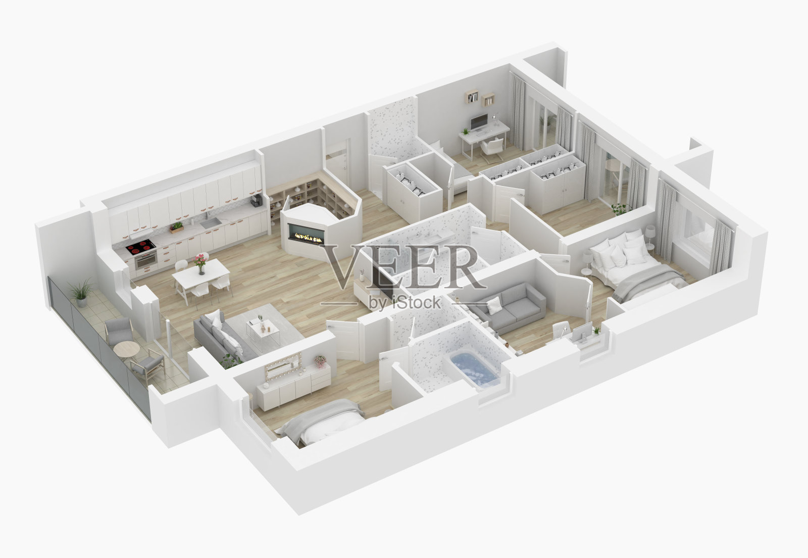 3D平面图的一个家。开放式概念生活公寓布局照片摄影图片