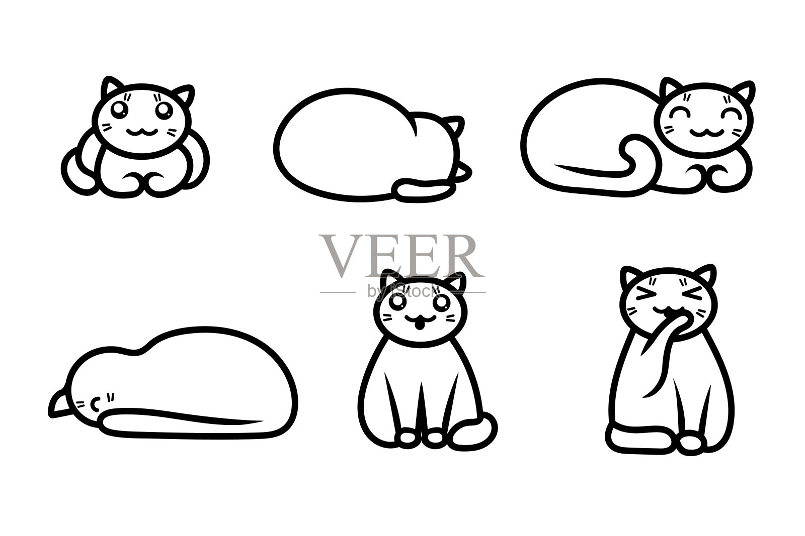 一套六个矢量猫在卡哇伊风格。孤立的轮廓插画图片素材