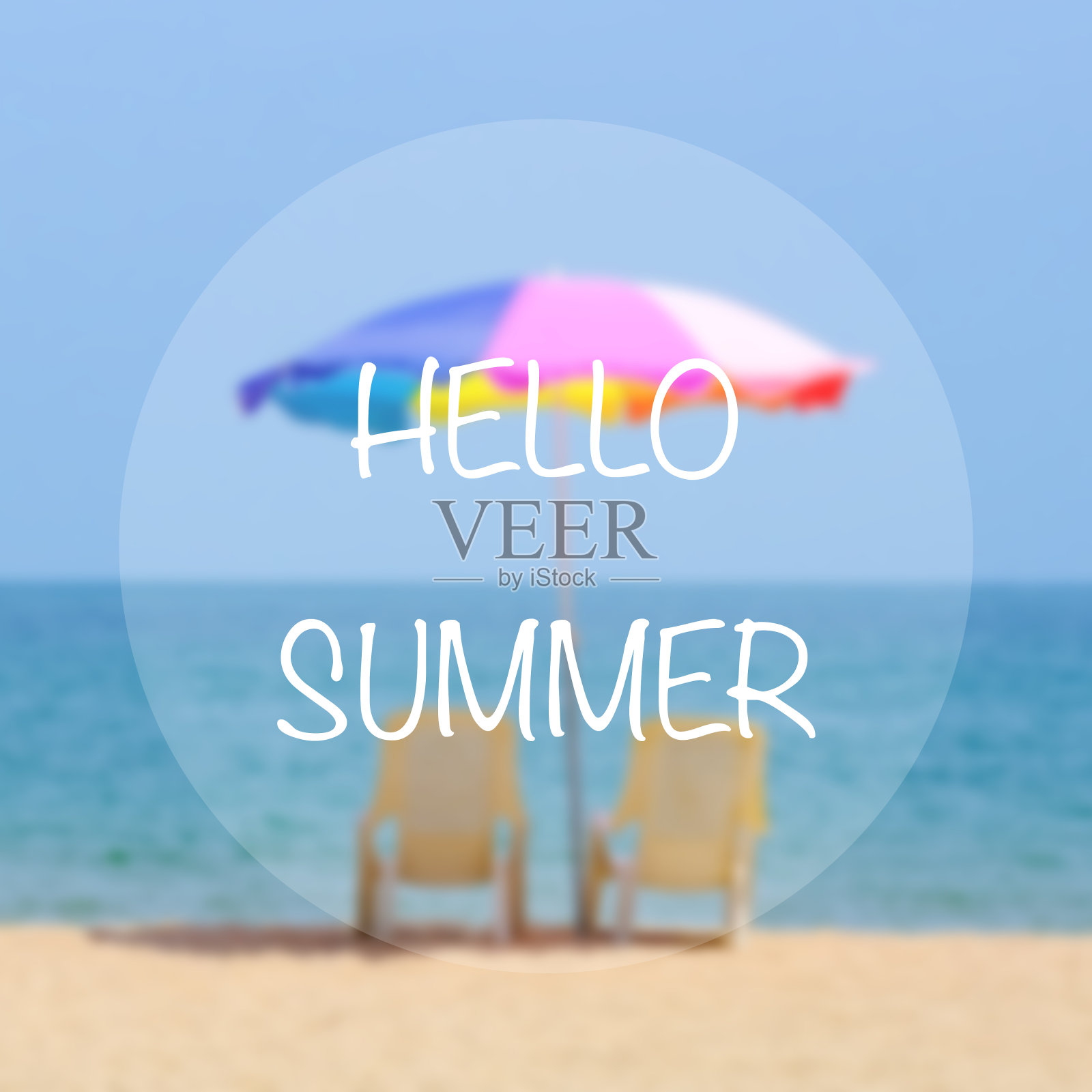 夏日沙滩上你好用五颜六色的伞作背景，节日横幅照片摄影图片