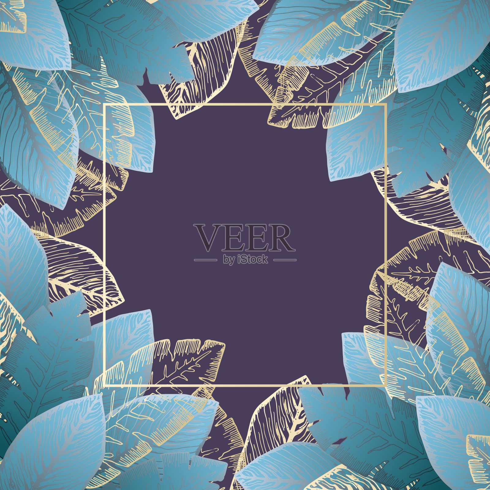 蓝色热带树叶的方形背景插画图片素材