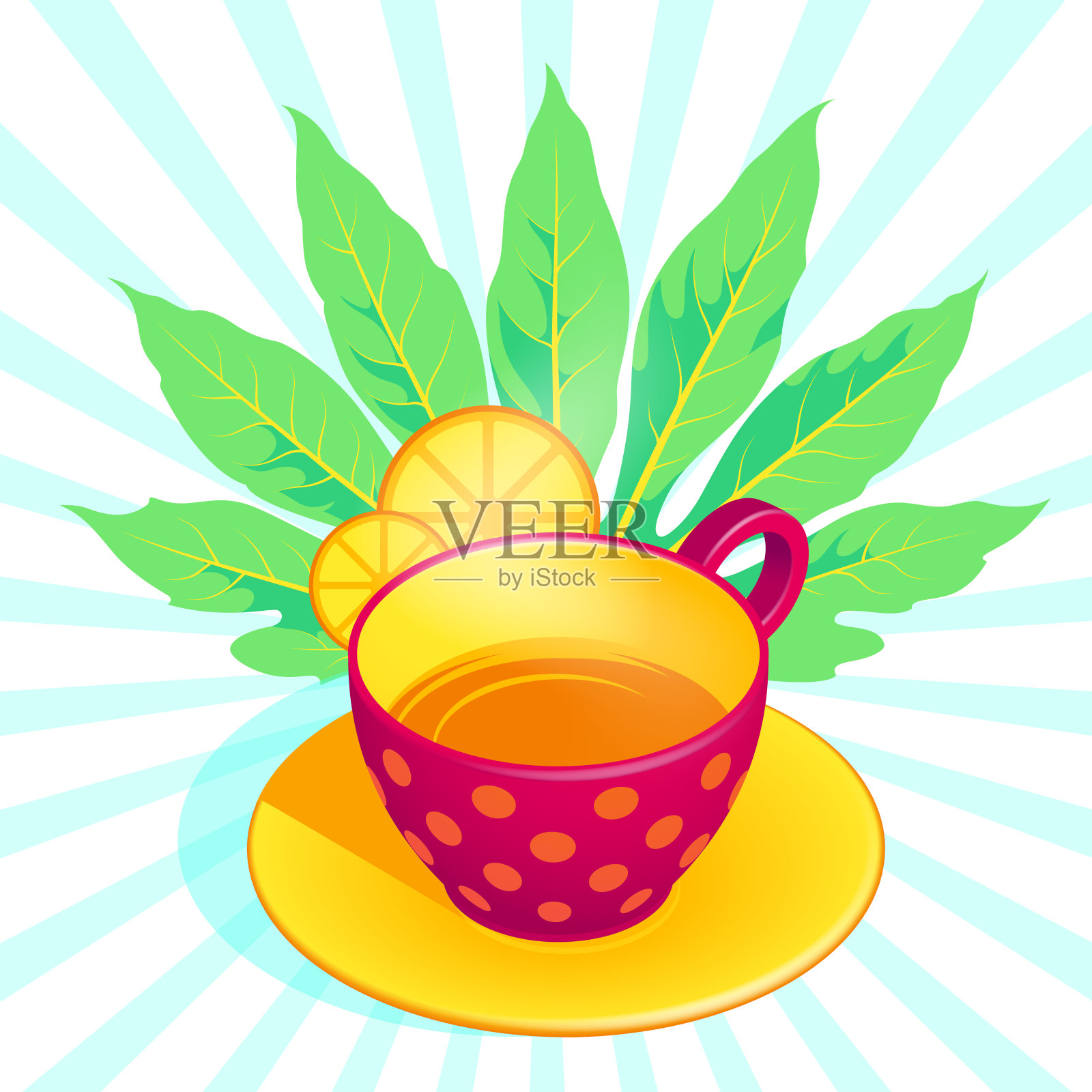 等距矢量图的一杯红茶与绿叶和柠檬片的背景。马克杯与圆点图案的复古风格插画图片素材