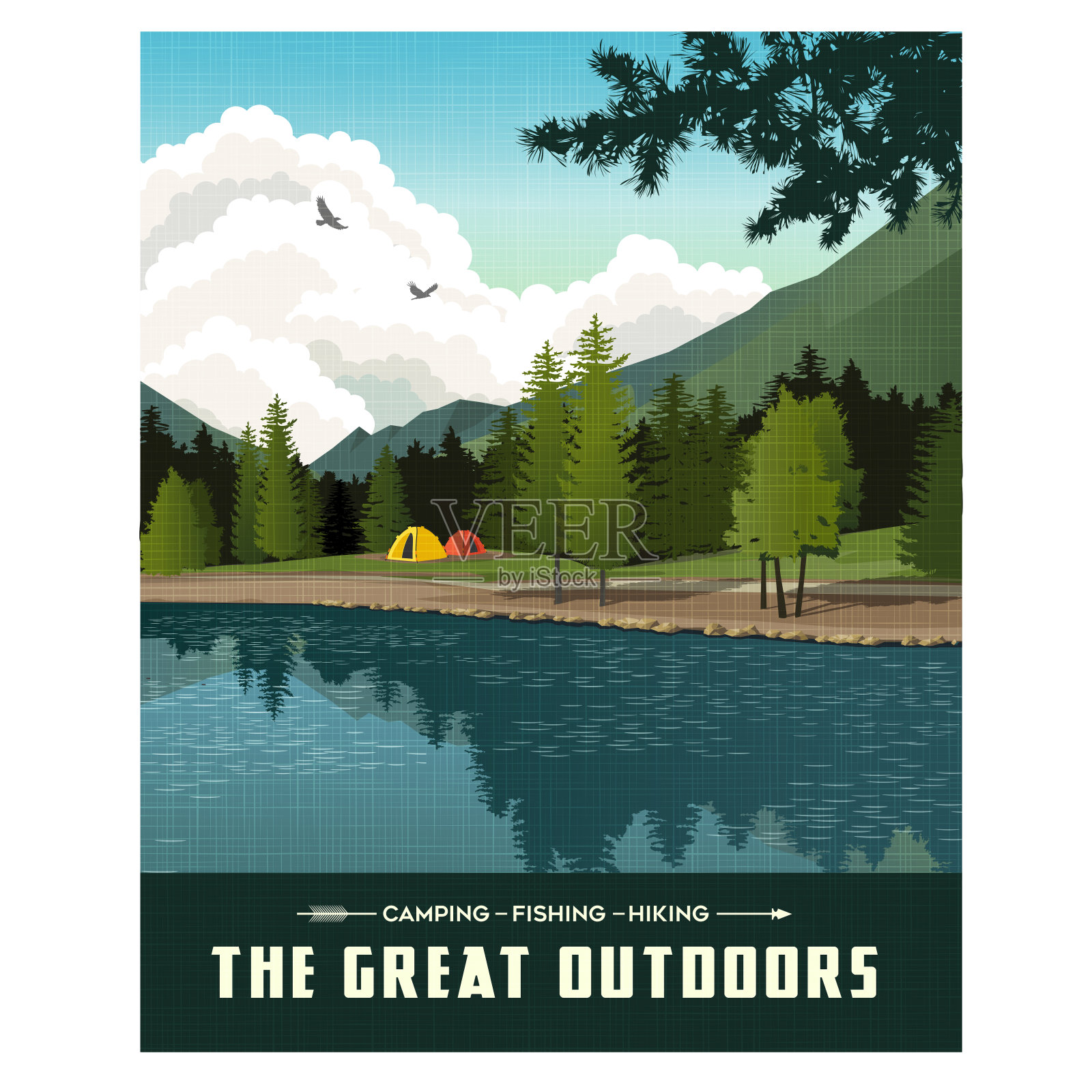 风景优美，有山有林，有湖有帐篷。夏季旅游海报或贴纸设计。插画图片素材