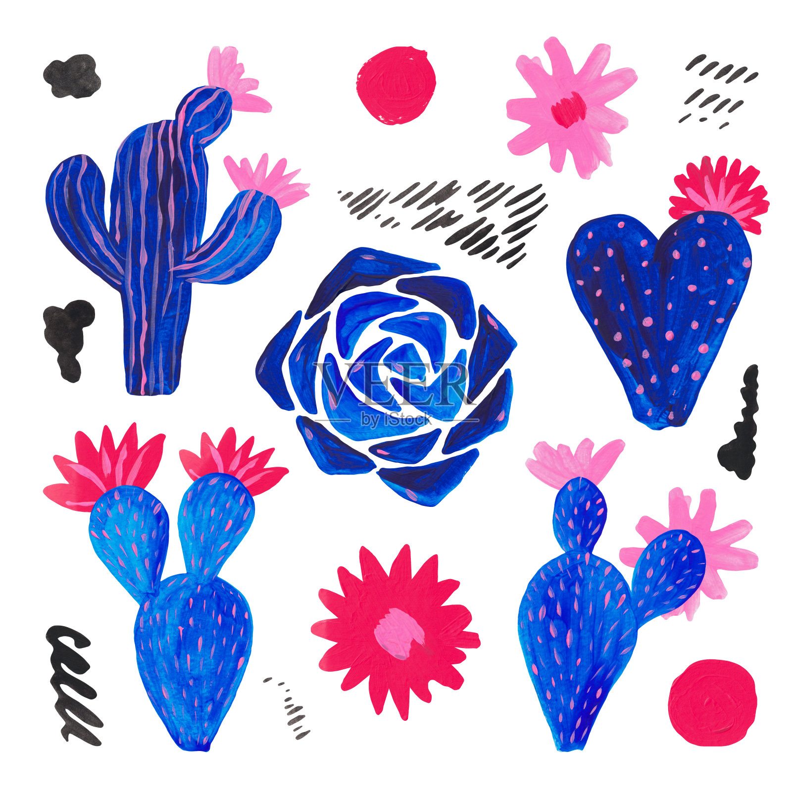 手绘一套装饰仙人掌在梦幻风格斑点，涂抹，一套开花植物，仙人掌蓝珊瑚色插画图片素材