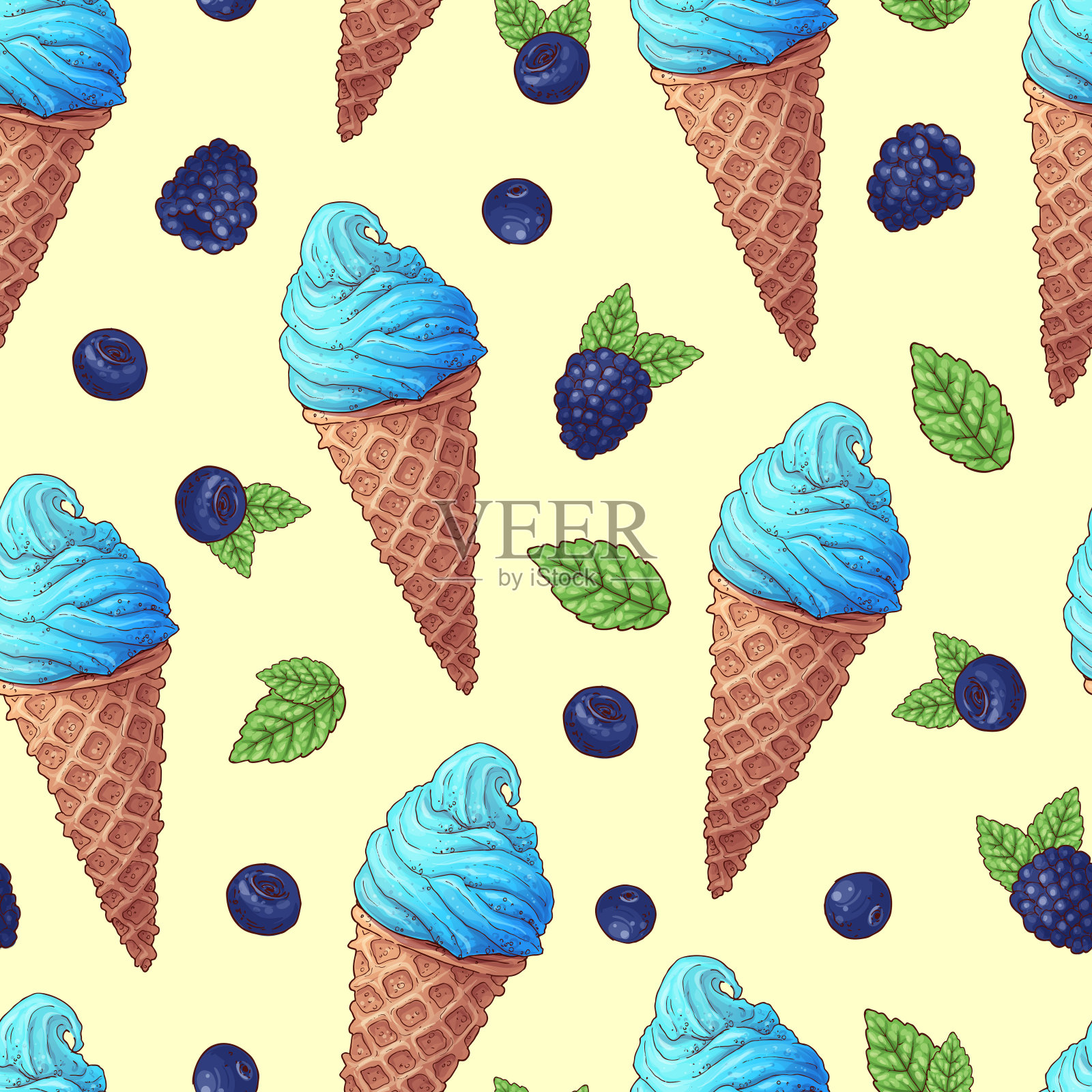 无缝模式的冰淇淋甜筒矢量插图。草莓，蓝莓冰淇淋插画图片素材