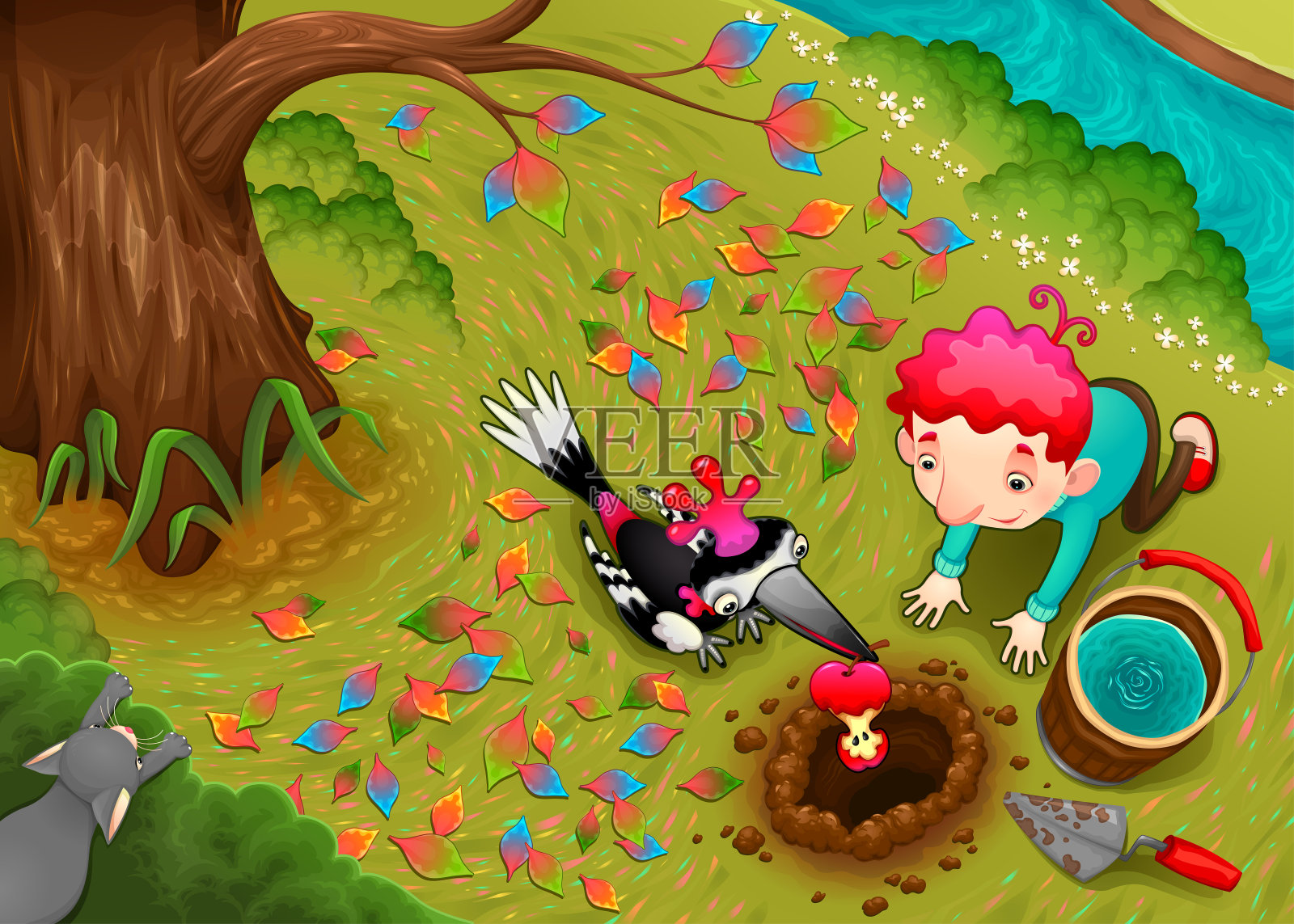 啄木鸟和那个男孩正在播种苹果种子插画图片素材