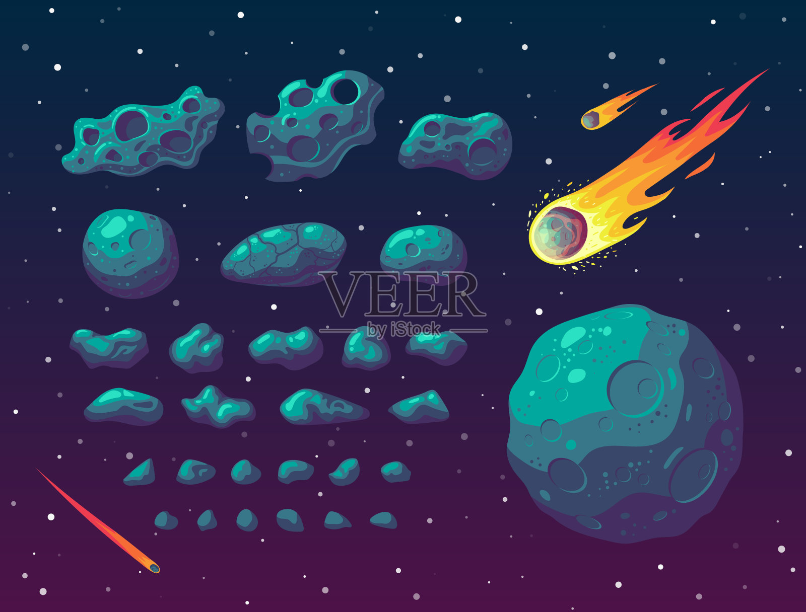 一套卡通幻想的小行星和流星体。插画图片素材