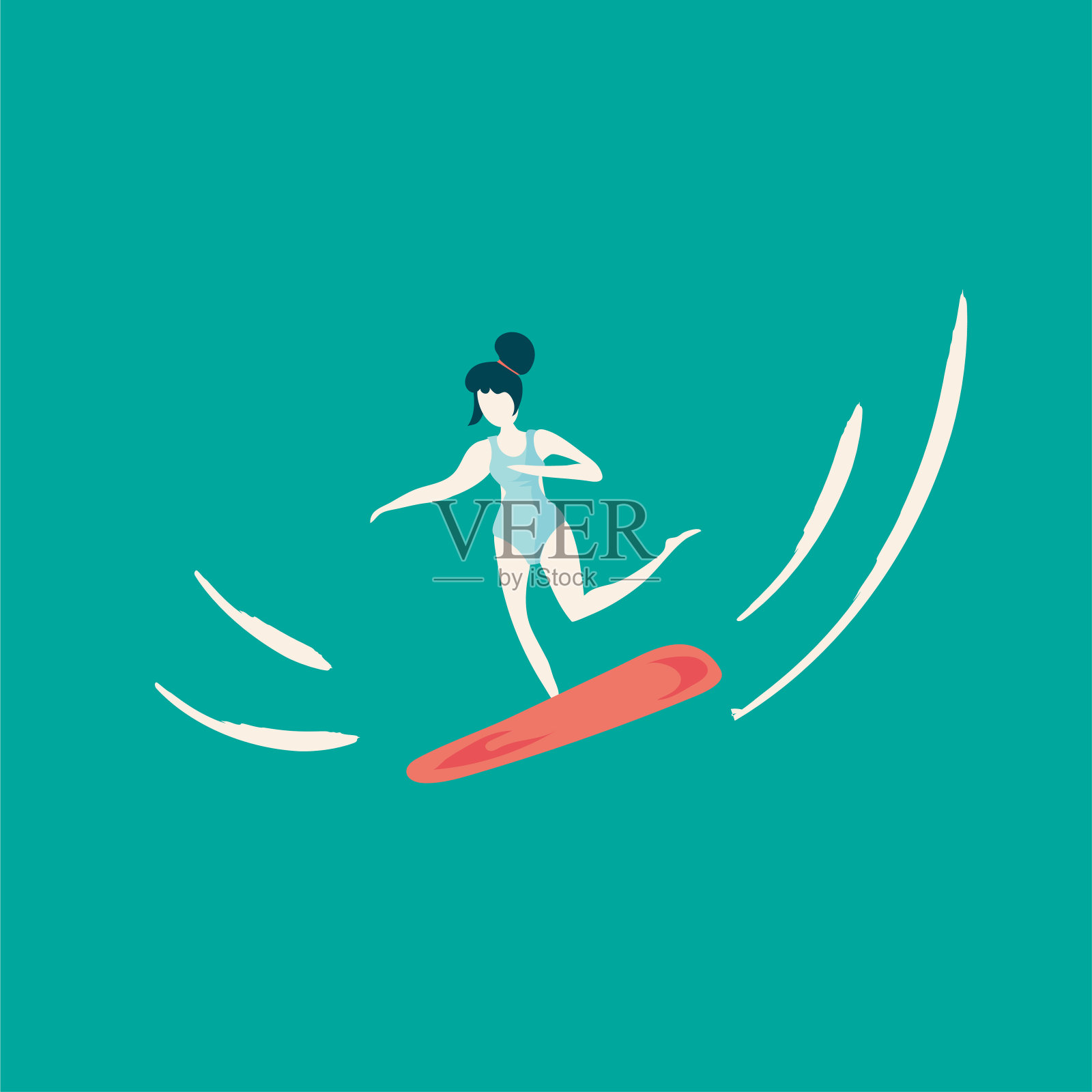 时尚复古风格平面卡通矢量插图:一个冲浪者女人或冲浪波浪女孩。暑假海报模板。插画图片素材