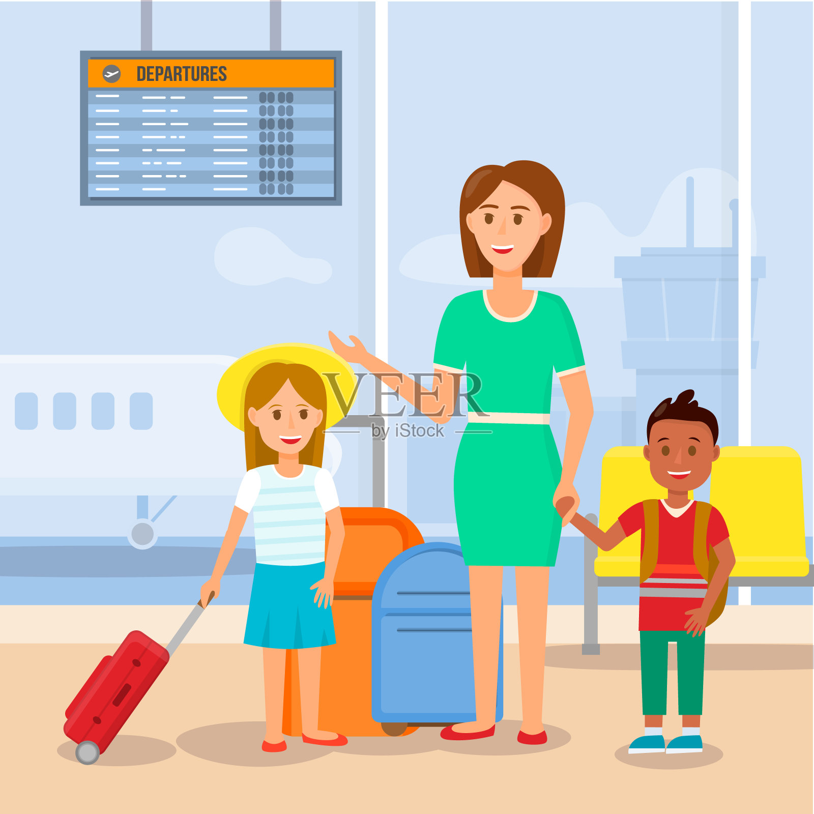 母亲带着小女儿和儿子旅行。插画图片素材