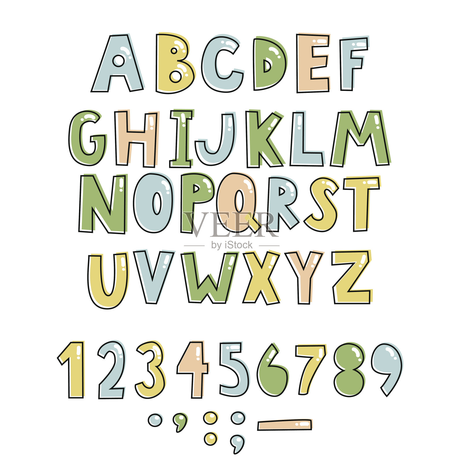 粗体手写幼稚字体。简单的彩色字母装饰。孩子们设计。插画图片素材
