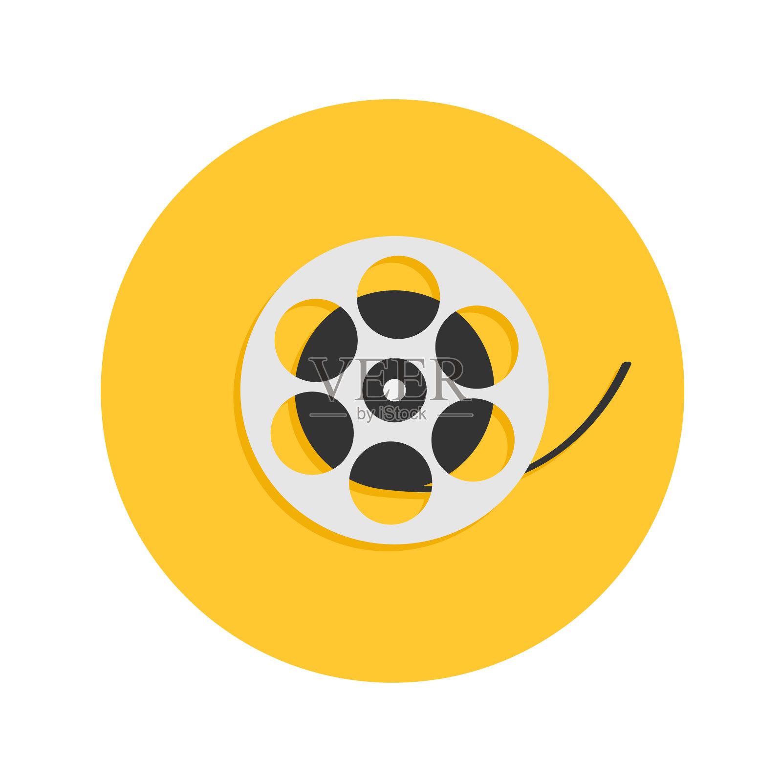 电影电影卷轴。我喜欢电影院的圆形图标。平面设计风格。黄色背景。孤立。插画图片素材