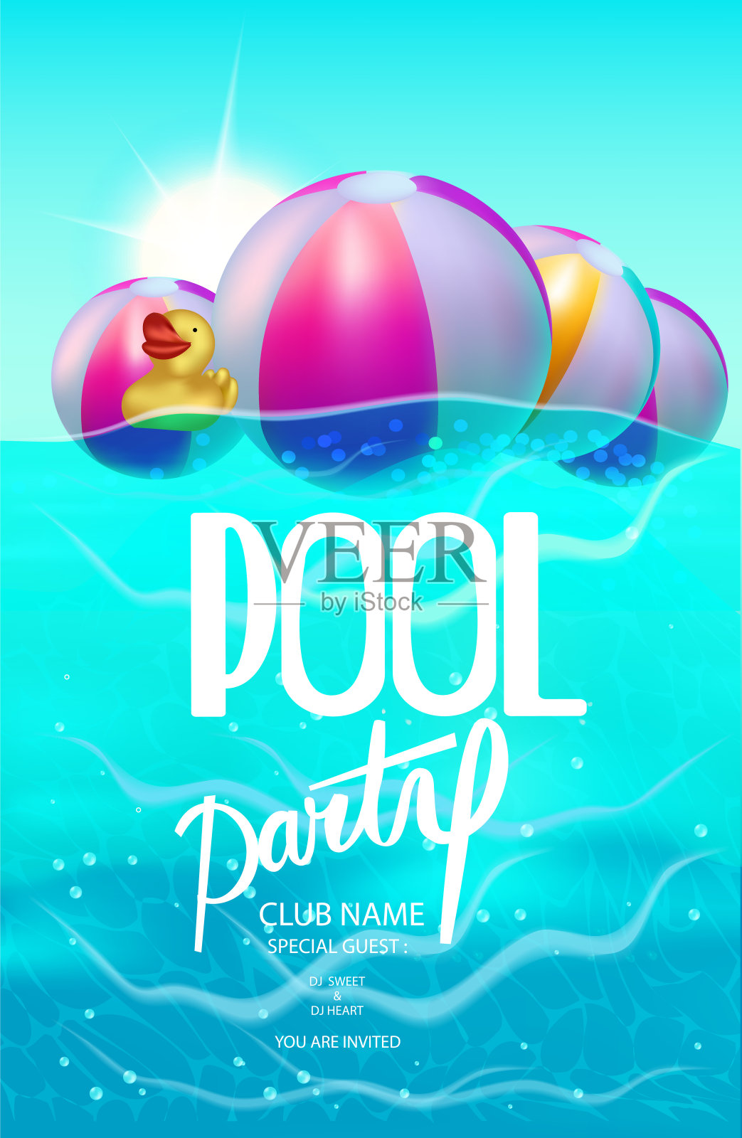 游泳池派对海报与充气球和橡胶玩具在游泳池的水。矢量图插画图片素材