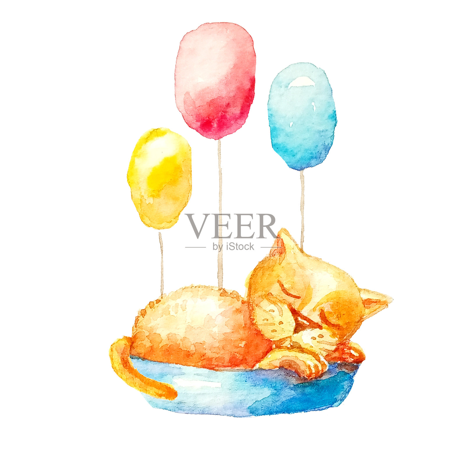 一只可爱的黄色小猫睡在一个蓝色的篮子里，篮子里有三个不同颜色的球插画图片素材