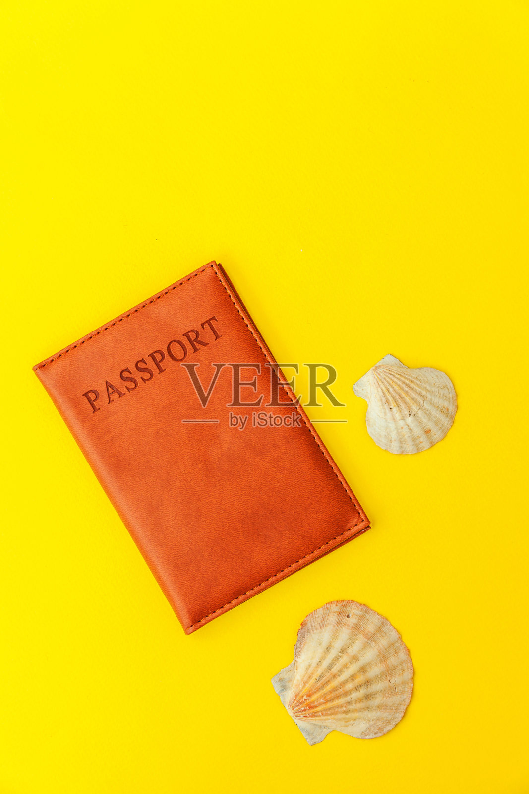 简约的平铺旅行冒险旅行概念与护照和贝壳在黄色时髦的现代背景照片摄影图片