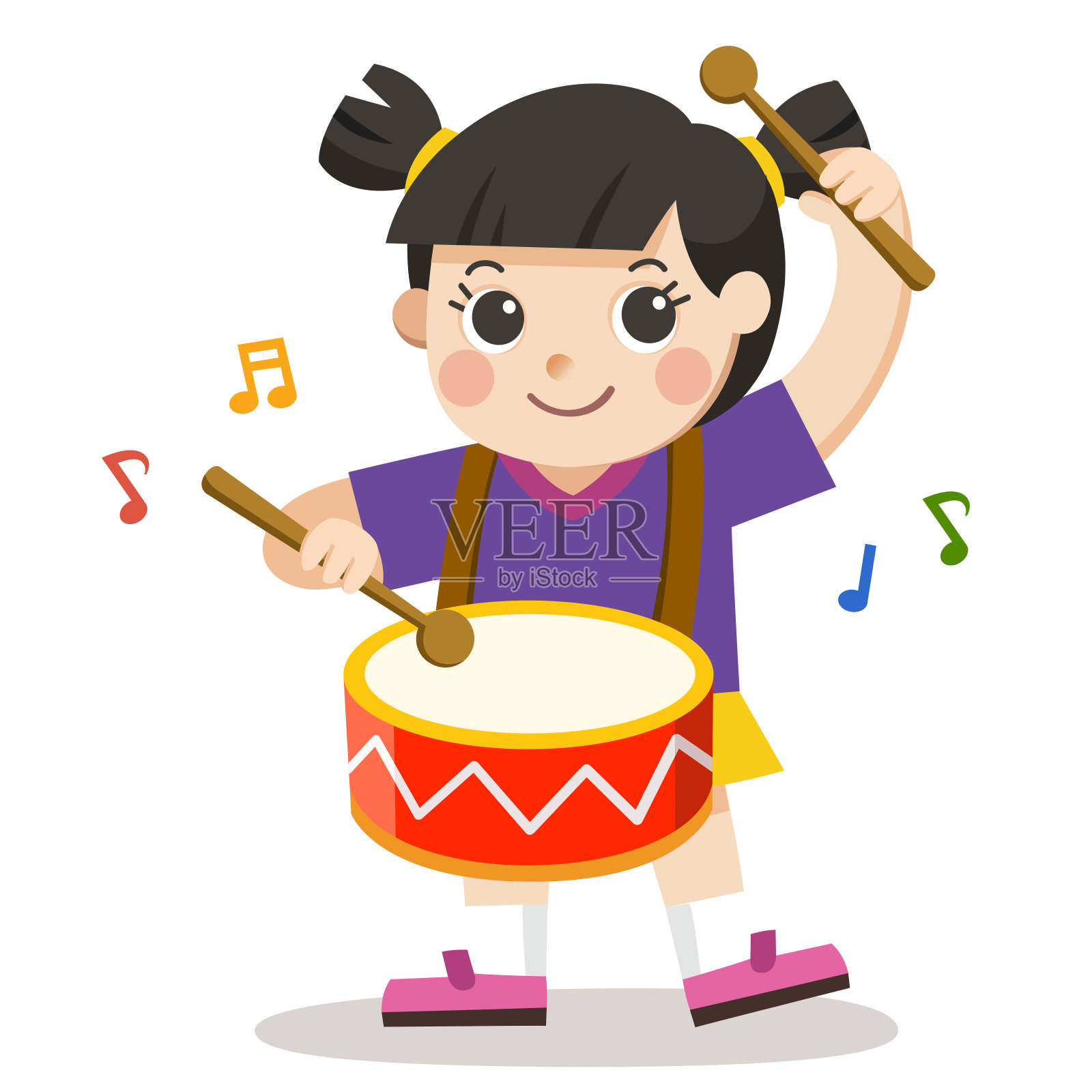 一个女孩在白色背景上打鼓。儿童音乐表演。插画图片素材