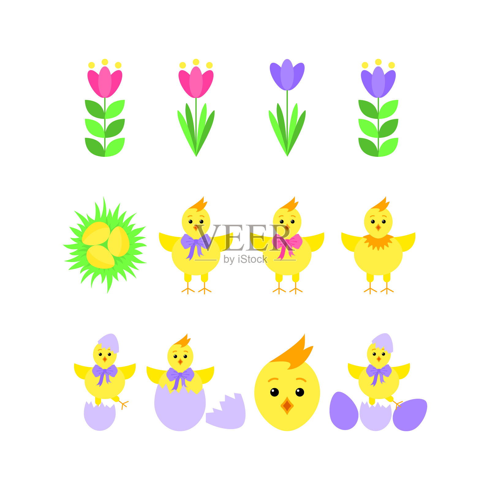 复活节的一组复活节鸡。矢量插图。插画图片素材