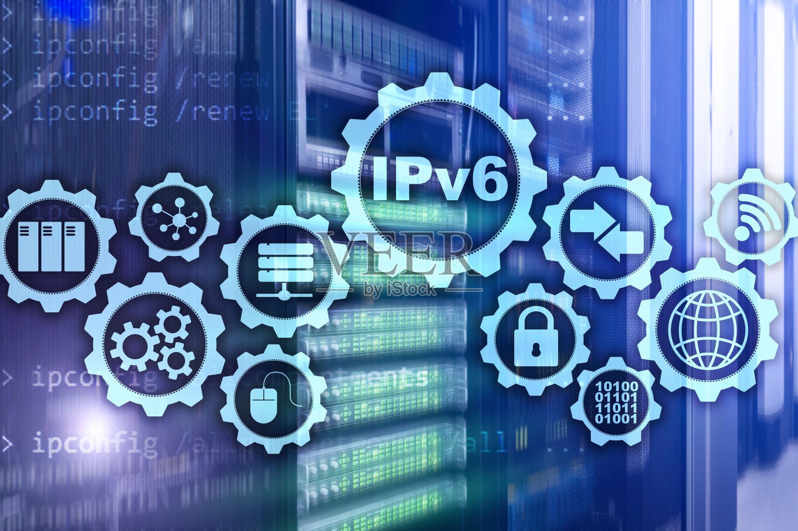服务器室后台的IPv6 Internet协议。商业技术互联网和网络概念。照片摄影图片