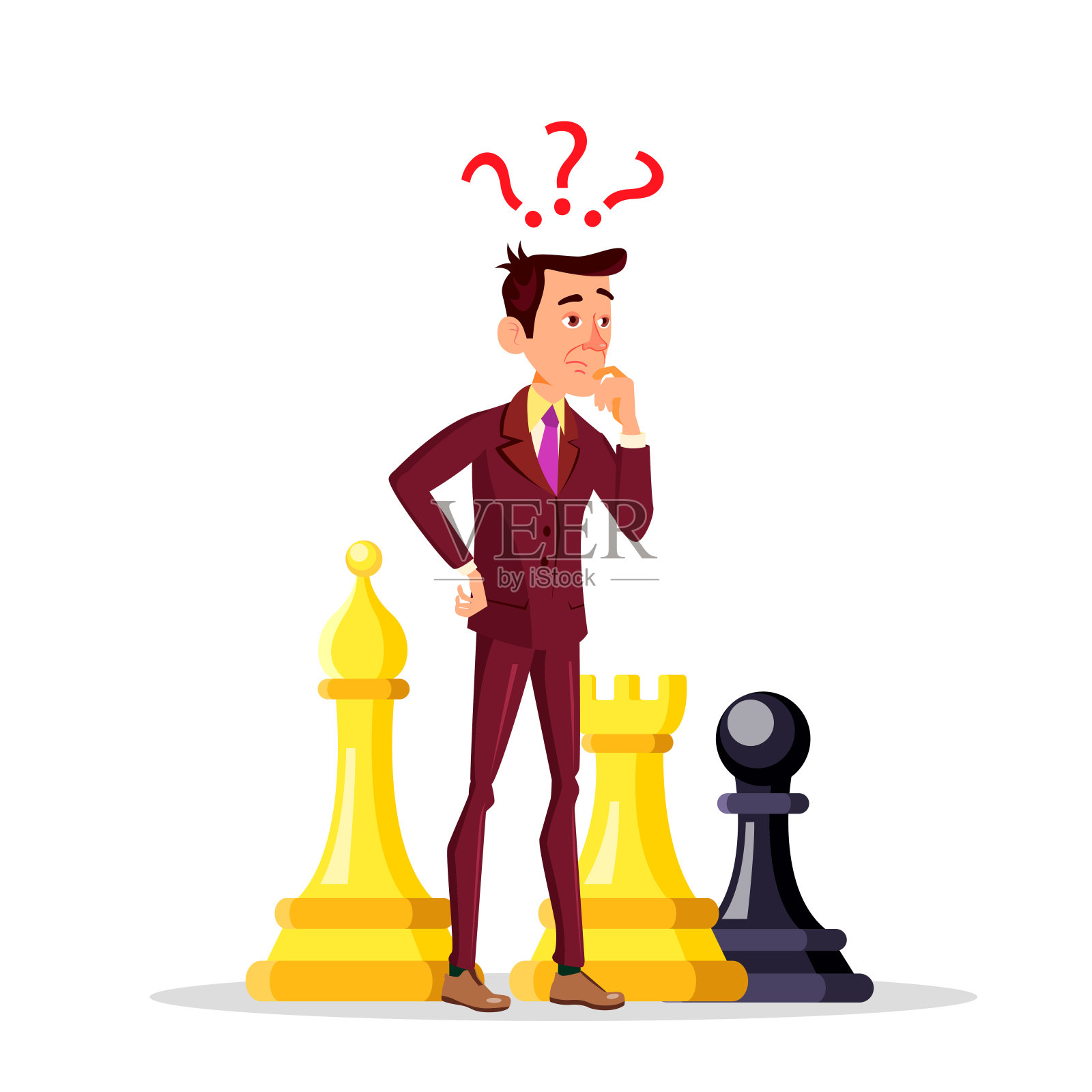 经理站在大的棋子与问号在他的头矢量平面卡通插图插画图片素材
