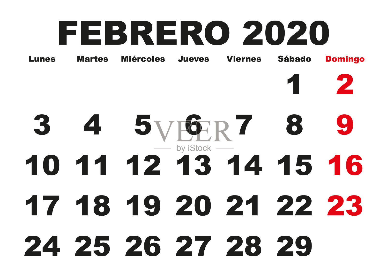 2020年2月西班牙墙日历插画图片素材
