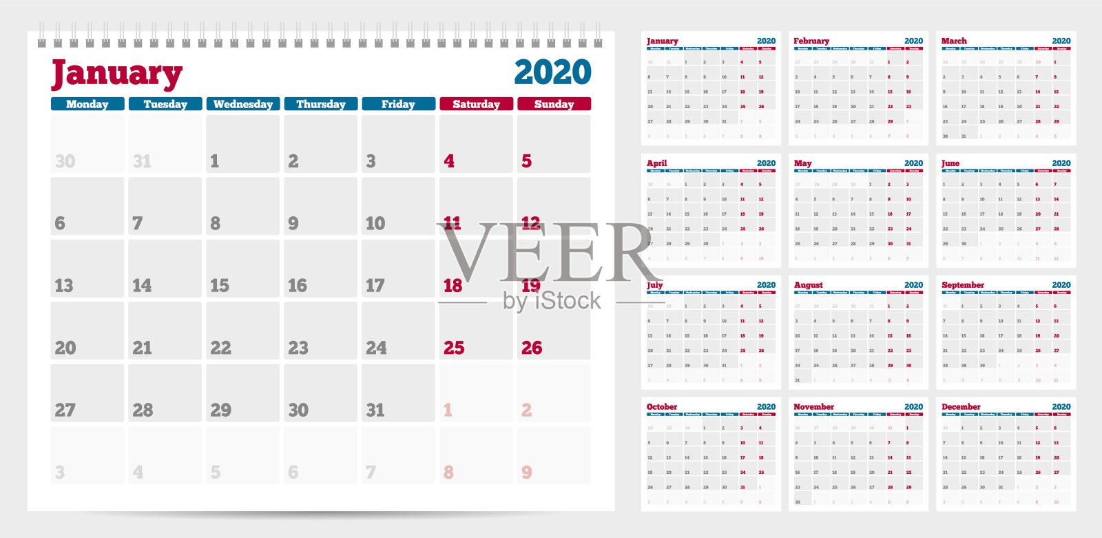 日历计划器模板2020。每周从星期一开始。一套12个月。设计模板素材