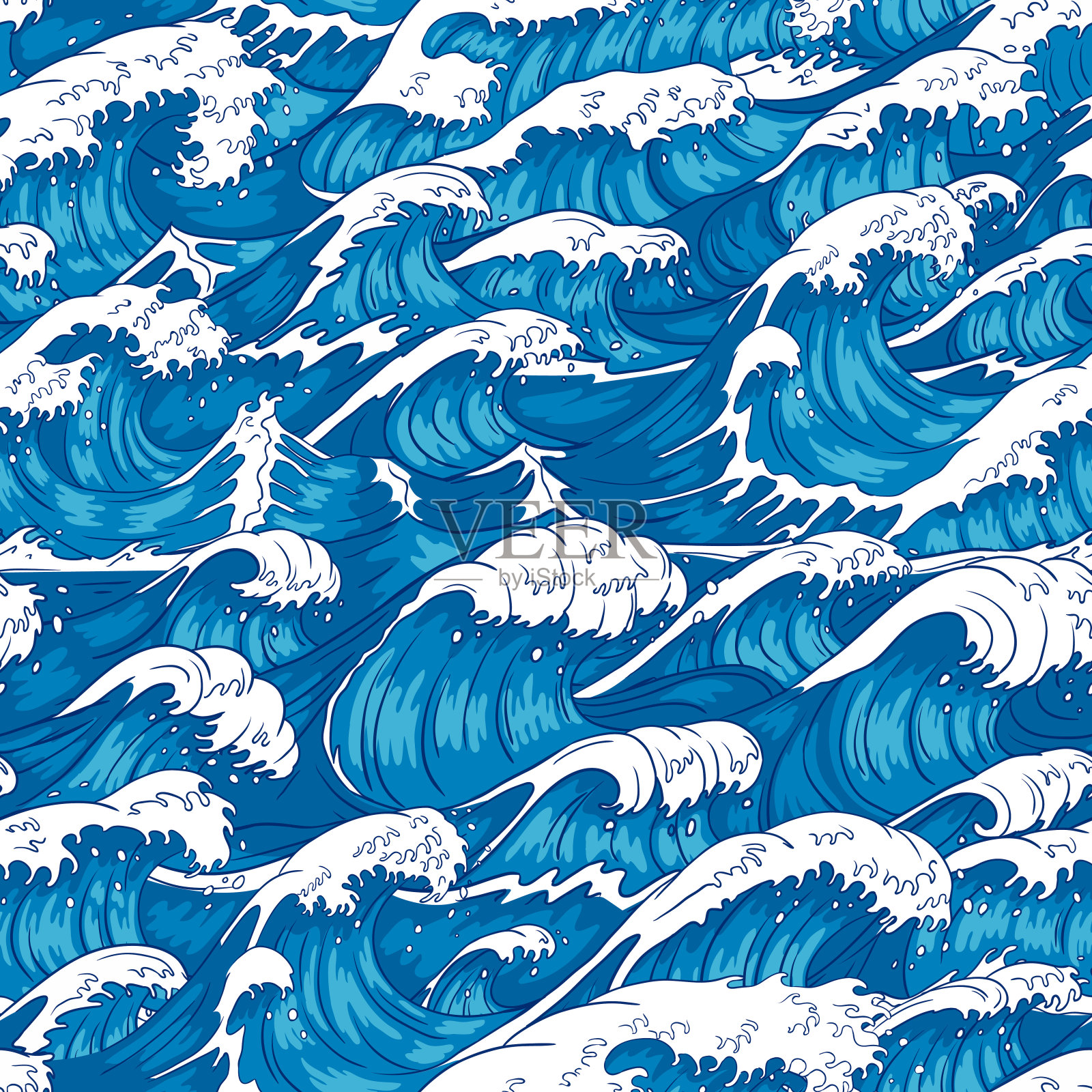 风浪天衣无缝。汹涌的海水，海浪和复古的日本风暴打印矢量插图背景插画图片素材