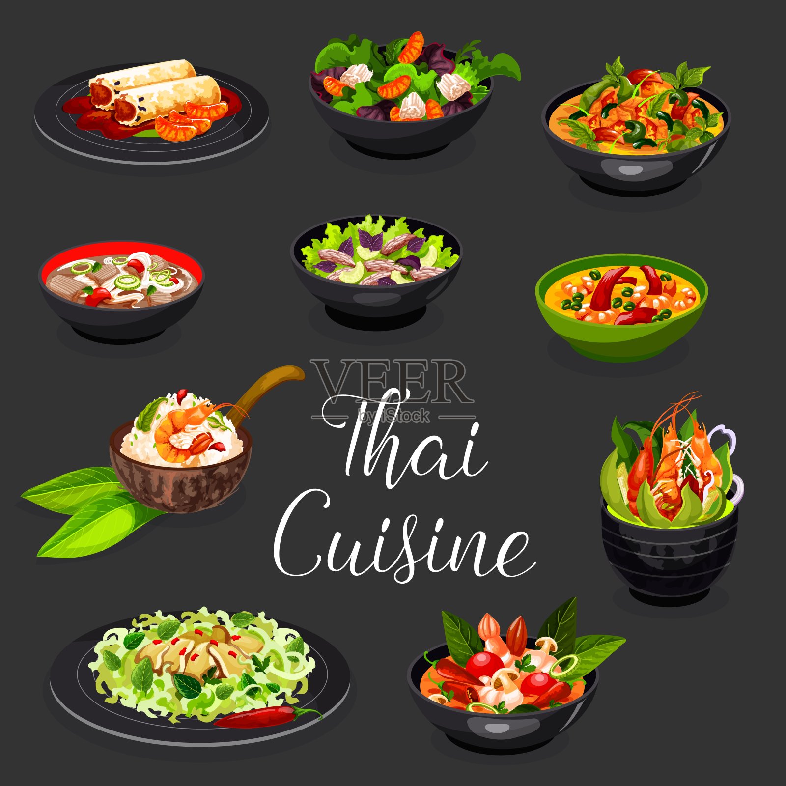 泰式海鲜配肉和蔬菜沙拉插画图片素材