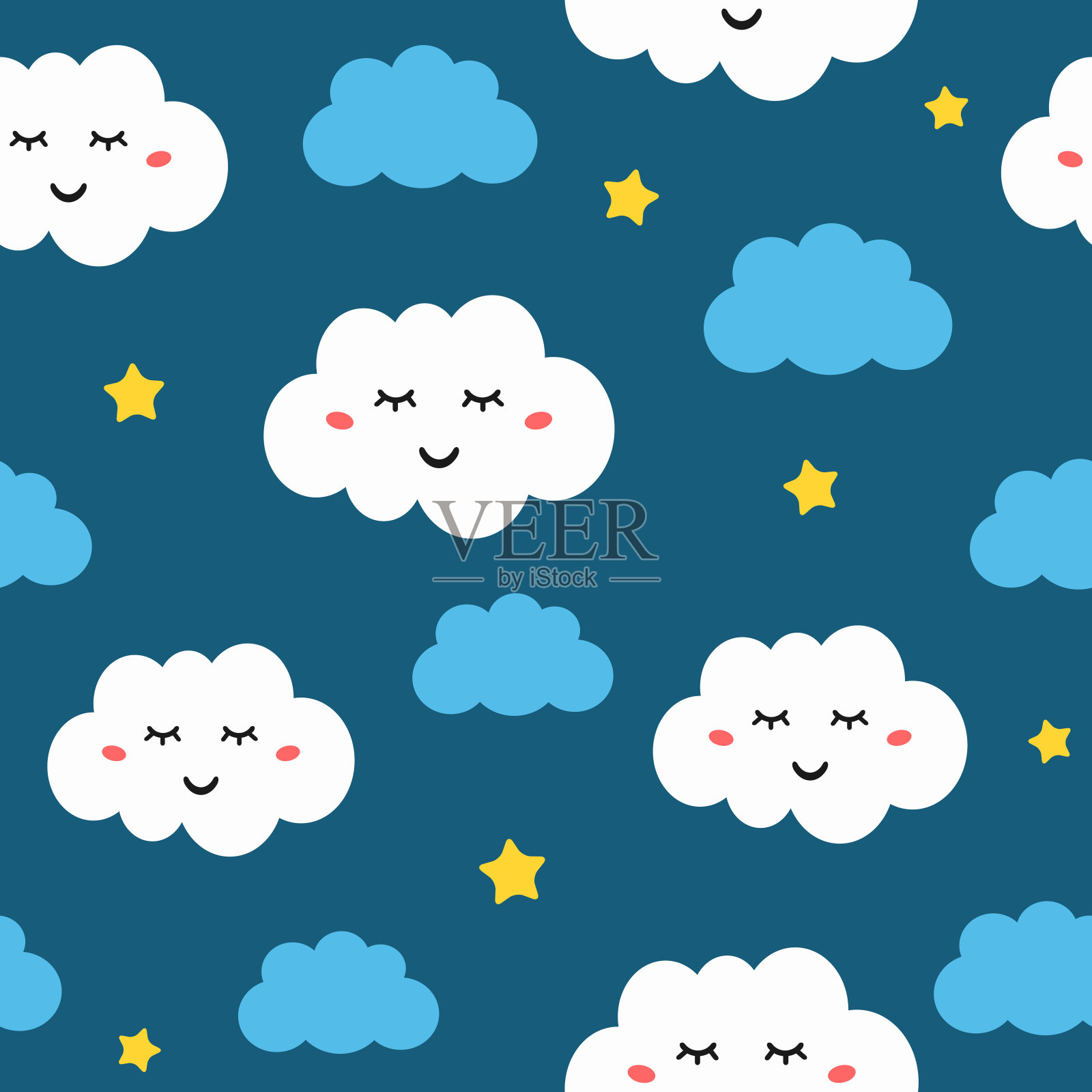 星星和可爱的睡云的无缝图案。睡衣打印。插画图片素材