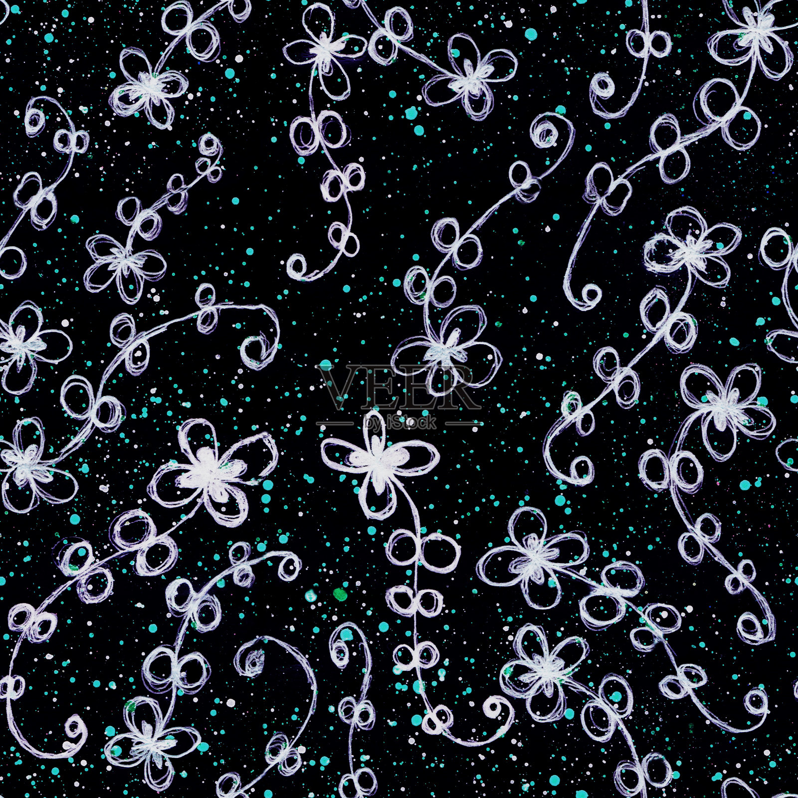 一个黑色的背景，蓝色的点和白色的花插画图片素材