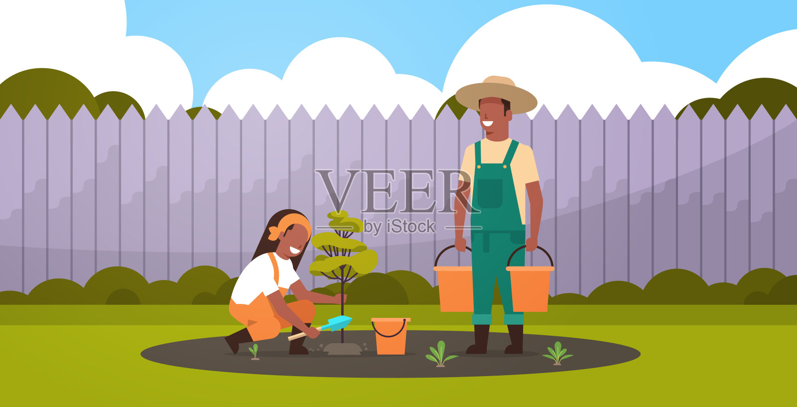 一对夫妇农民种植年轻的树非洲裔美国人男人拿着水桶女人在花园里挖土工作农业园艺概念后院背景全长水平插画图片素材