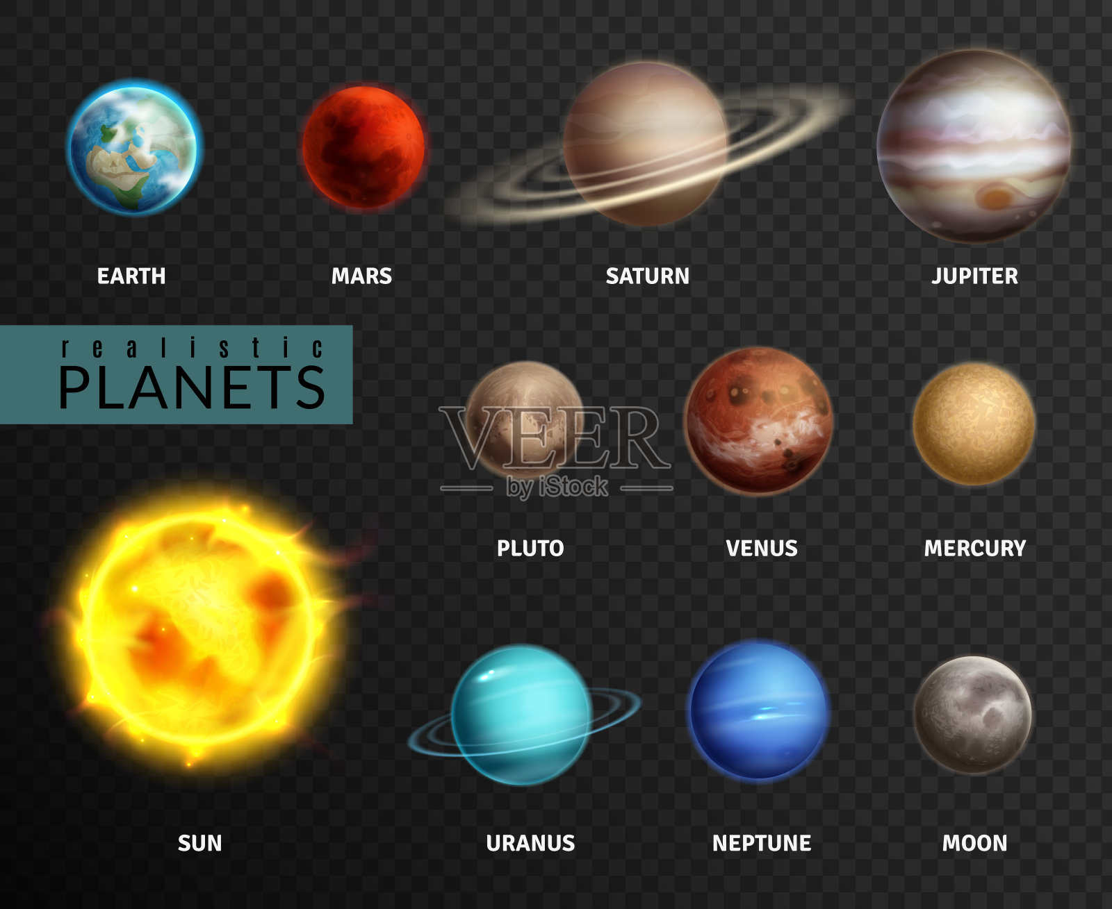 现实的行星。太阳系行星空间宇宙星系太阳月亮土星水星木星金星彗星天王星冥王星，矢量孤立插画图片素材