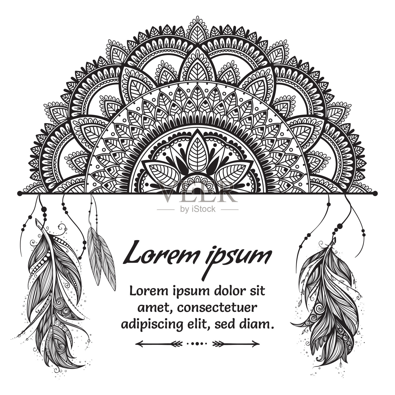 民族波西米亚模版与黑色和白色曼荼罗，羽毛和文本放置在白色的背景。插画图片素材