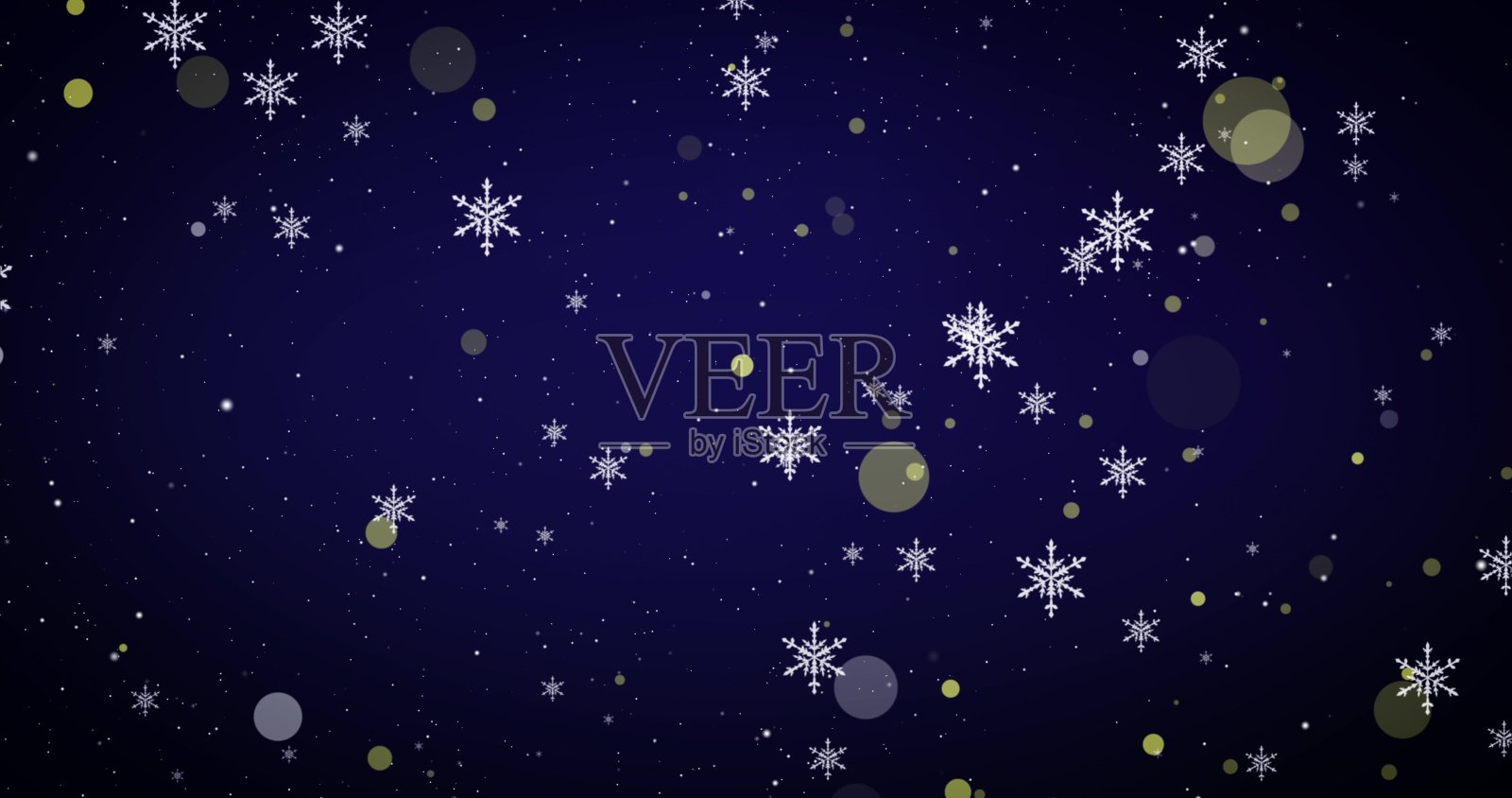 金色，雪花和散景灯在蓝色圣诞快乐的背景。三维渲染插画图片素材