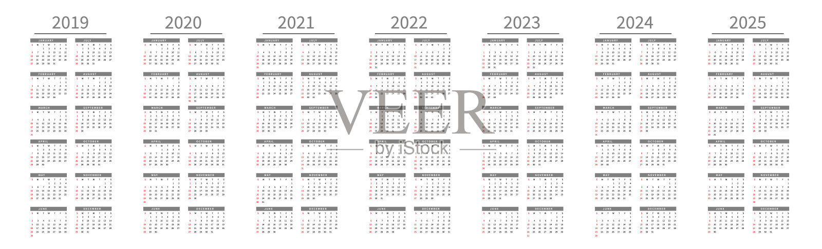 模型简单的日历布局2019年至2025年。周日开始一周设计模板素材