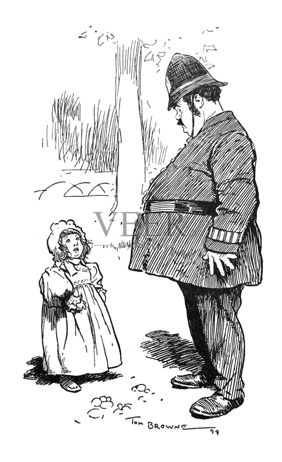 英国讽刺漫画漫画插图非常大的警察低头看着一个小女孩站在他面前插画图片素材