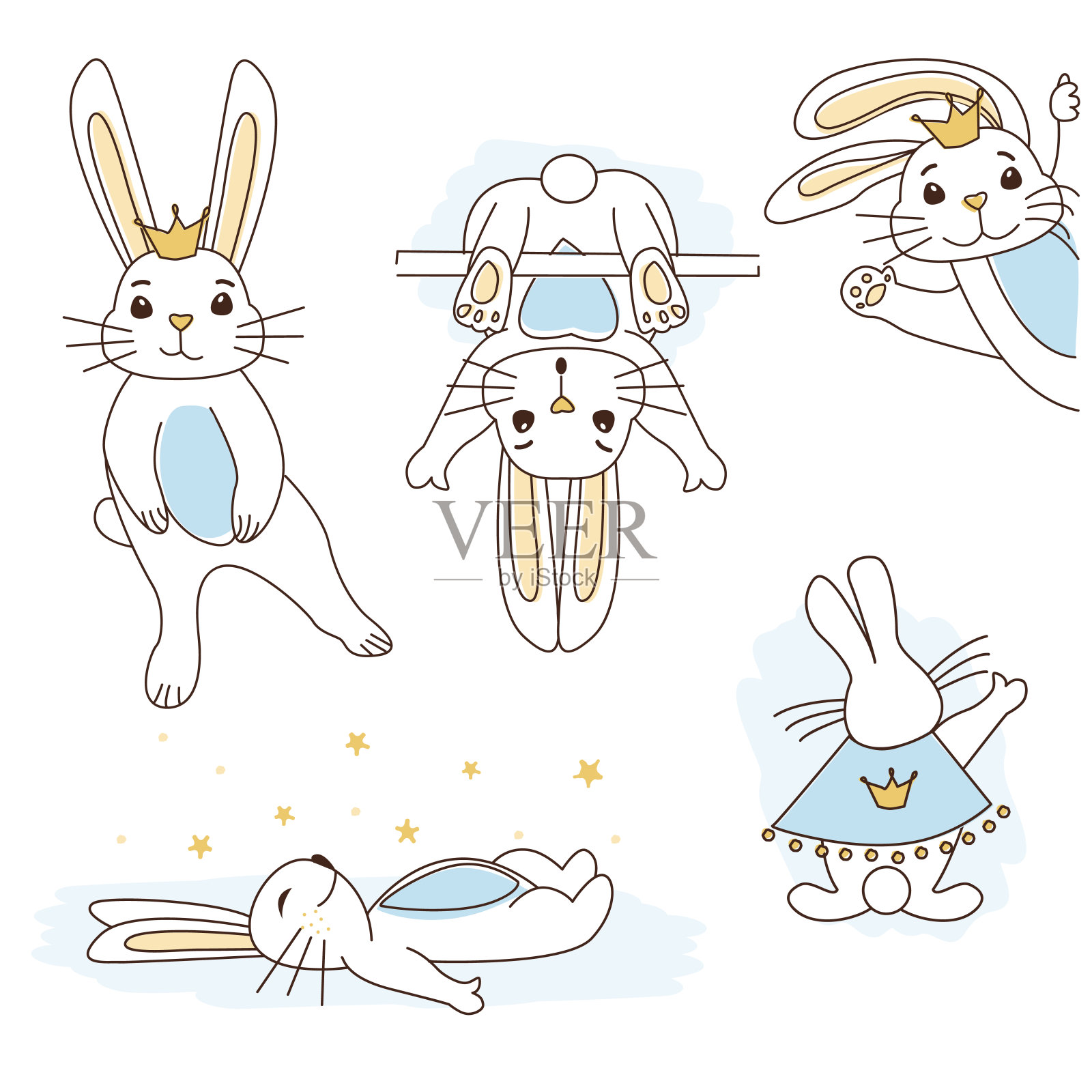 金色的皇冠，蓝色的肚子，可爱的白兔王子。插画图片素材