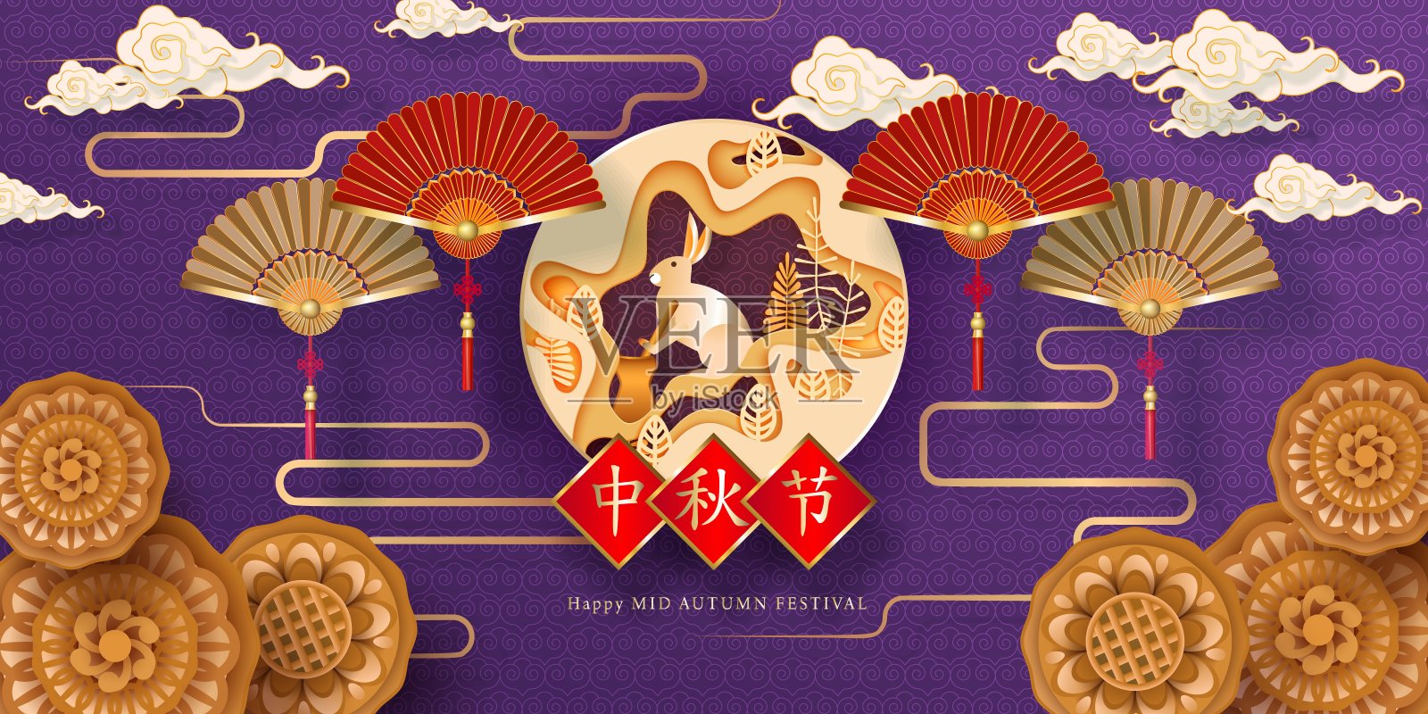 中国中秋节矢量设计，金兔，月饼插画图片素材