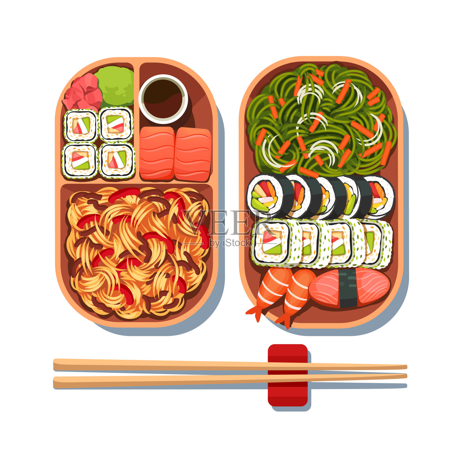 用筷子夹在两个盘子里，提供美味的东方菜肴。寿司，面条，海草沙拉。日本料理设置俯视图。平面风格矢量插图插画图片素材