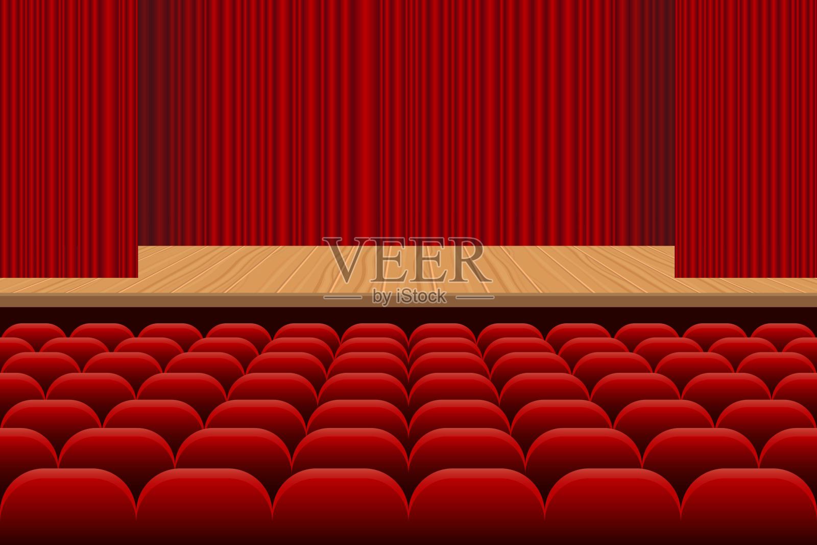 剧院大厅有一排排的红色座位，木制舞台和红色天鹅绒窗帘矢量插图插画图片素材