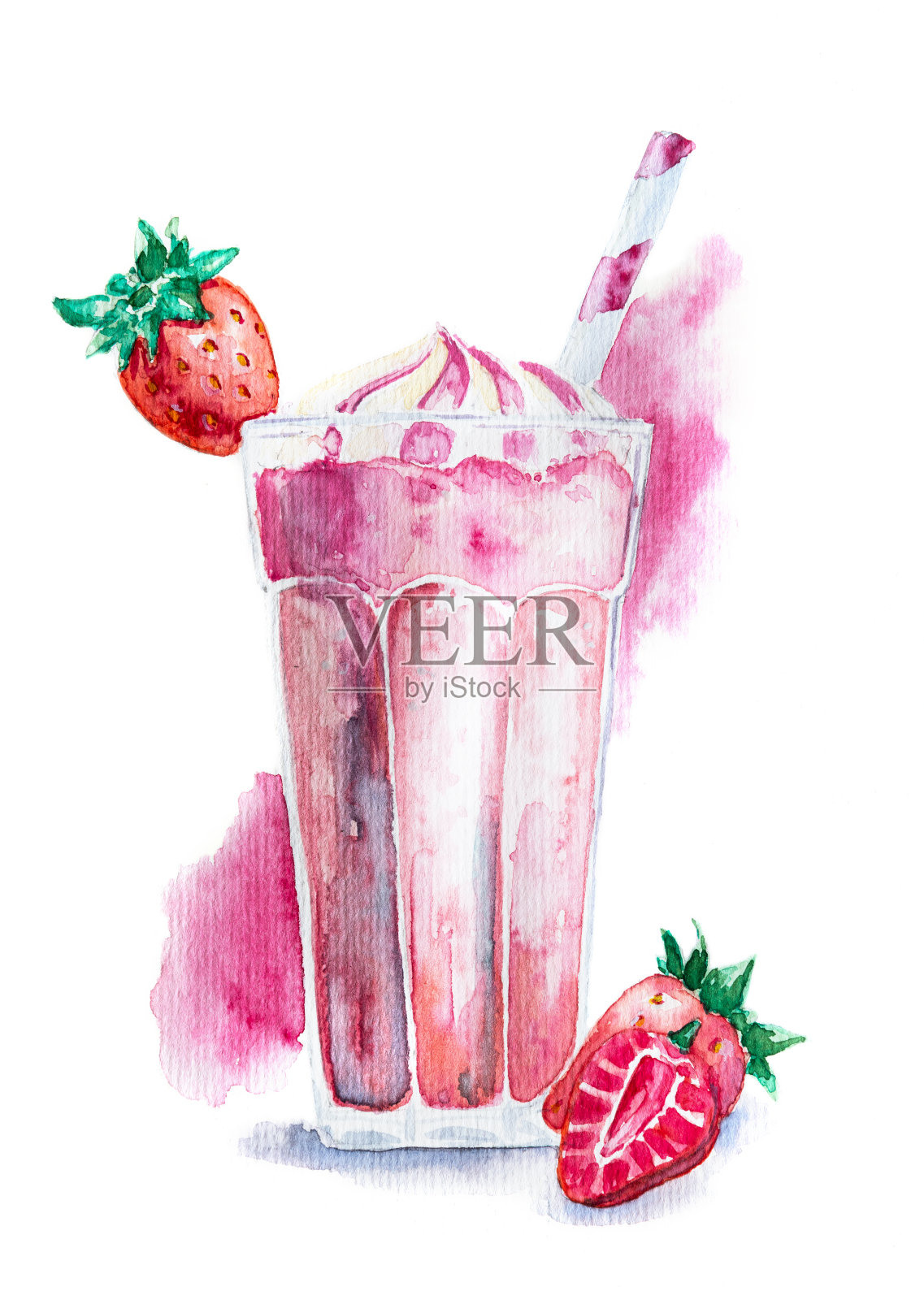 草莓奶昔在玻璃装饰奶油和新鲜草莓与水彩飞溅背景手绘插图插画图片素材