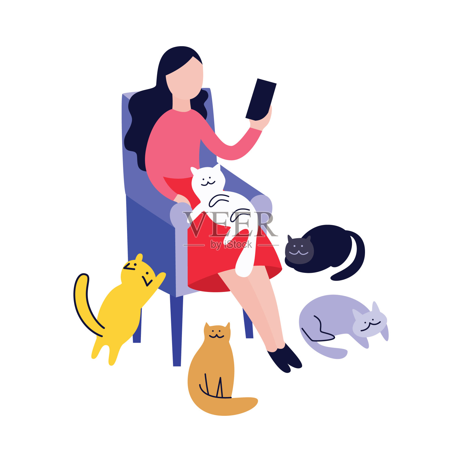 女人坐在扶手椅上，阅读周围的猫扁平化卡通风格插画图片素材