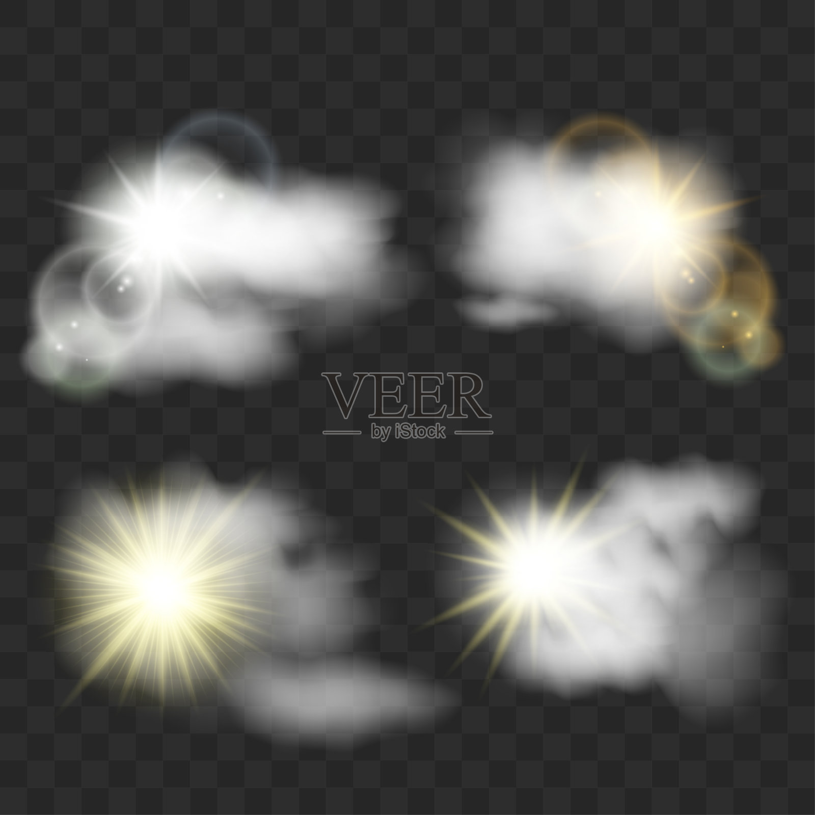 向量集的真实孤立的云与太阳在透明的背景设计元素图片