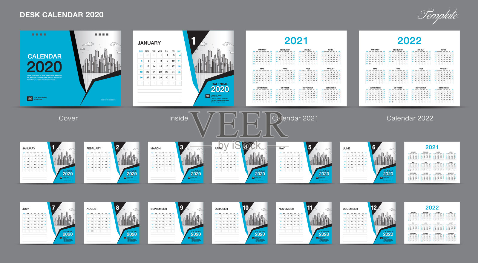 设置桌面日历2020模板设计矢量，日历2020年，2021年，2022年，封面设计，12个月，周开始周日，文具设计，传单，印刷布局，出版物，广告设计模板素材